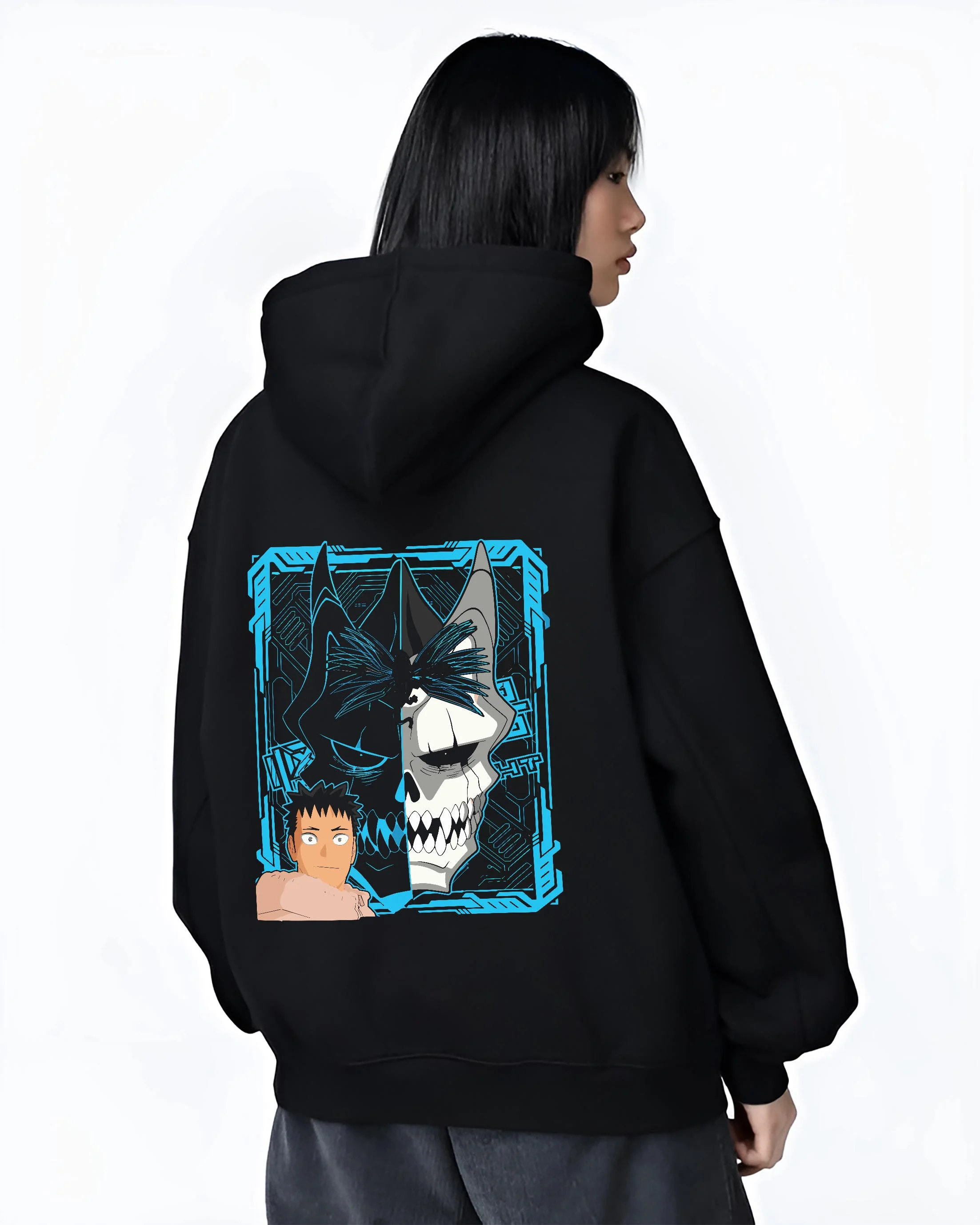 Black hoodie worn by female model, back view with Kaiju Hoodie Kaiju No 8 Monster Transformation Panel graphic streetwear graphic.