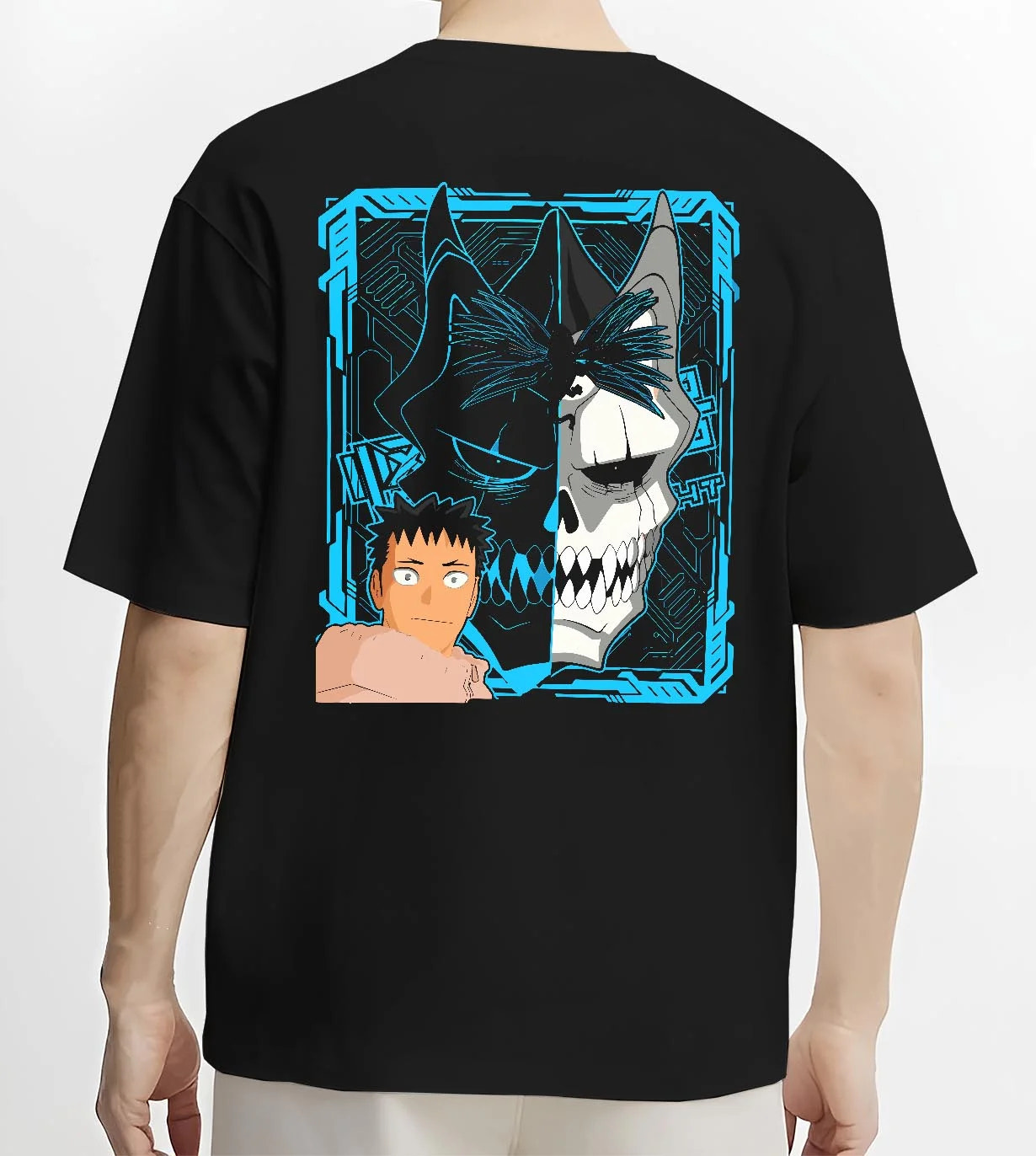 Black T-shirt worn by male model, back view with Kaiju Hoodie Kaiju No 8 Monster Transformation Panel graphic streetwear graphic.