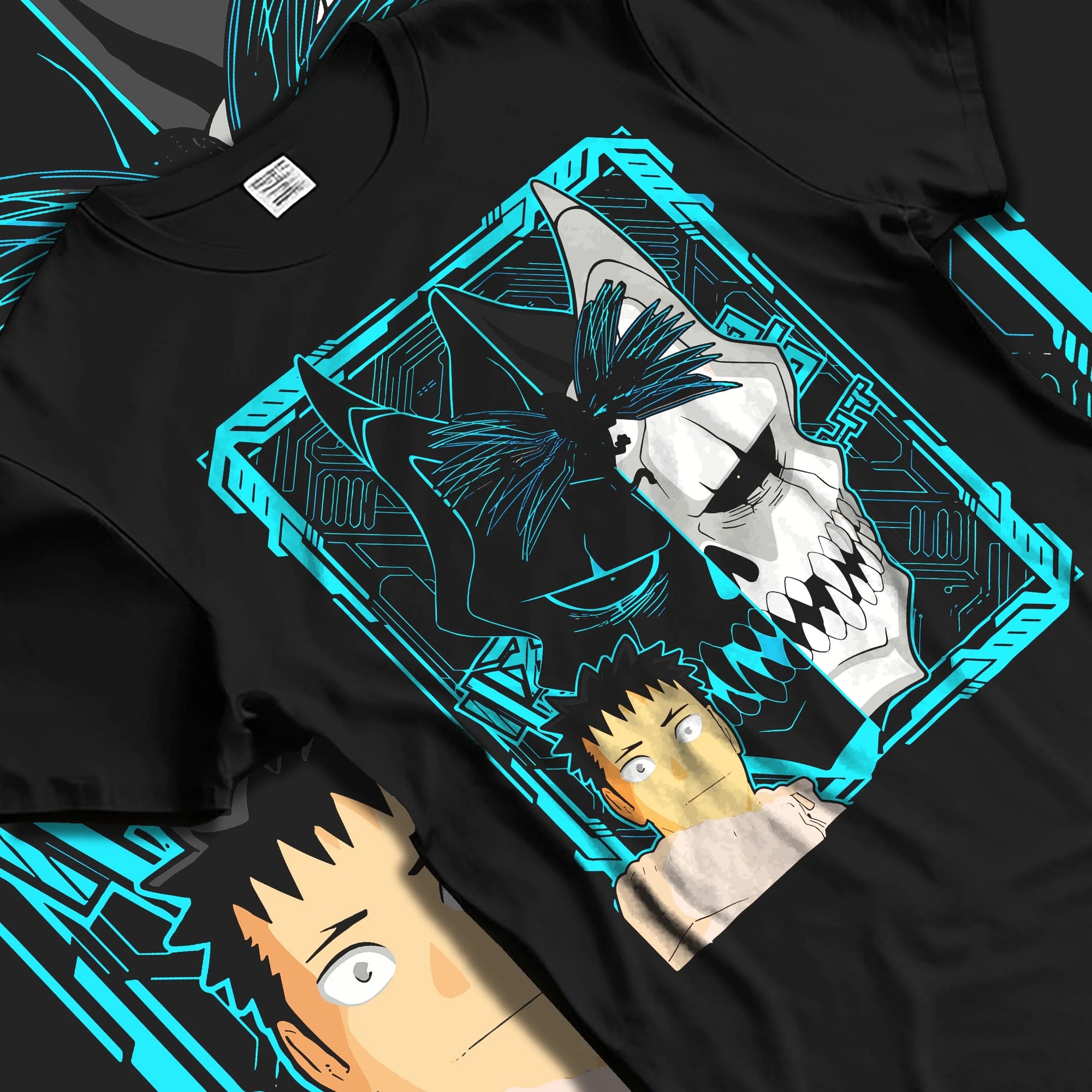 Black T-shirt laid flat with natural folds with Kaiju Hoodie Kaiju No 8 Monster Transformation Panel graphic premium wear.