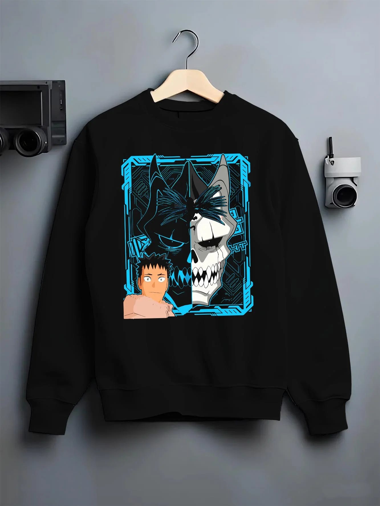 Black crewneck sweatshirt on hanger with Kaiju Hoodie Kaiju No 8 Monster Transformation Panel graphic premium wear.