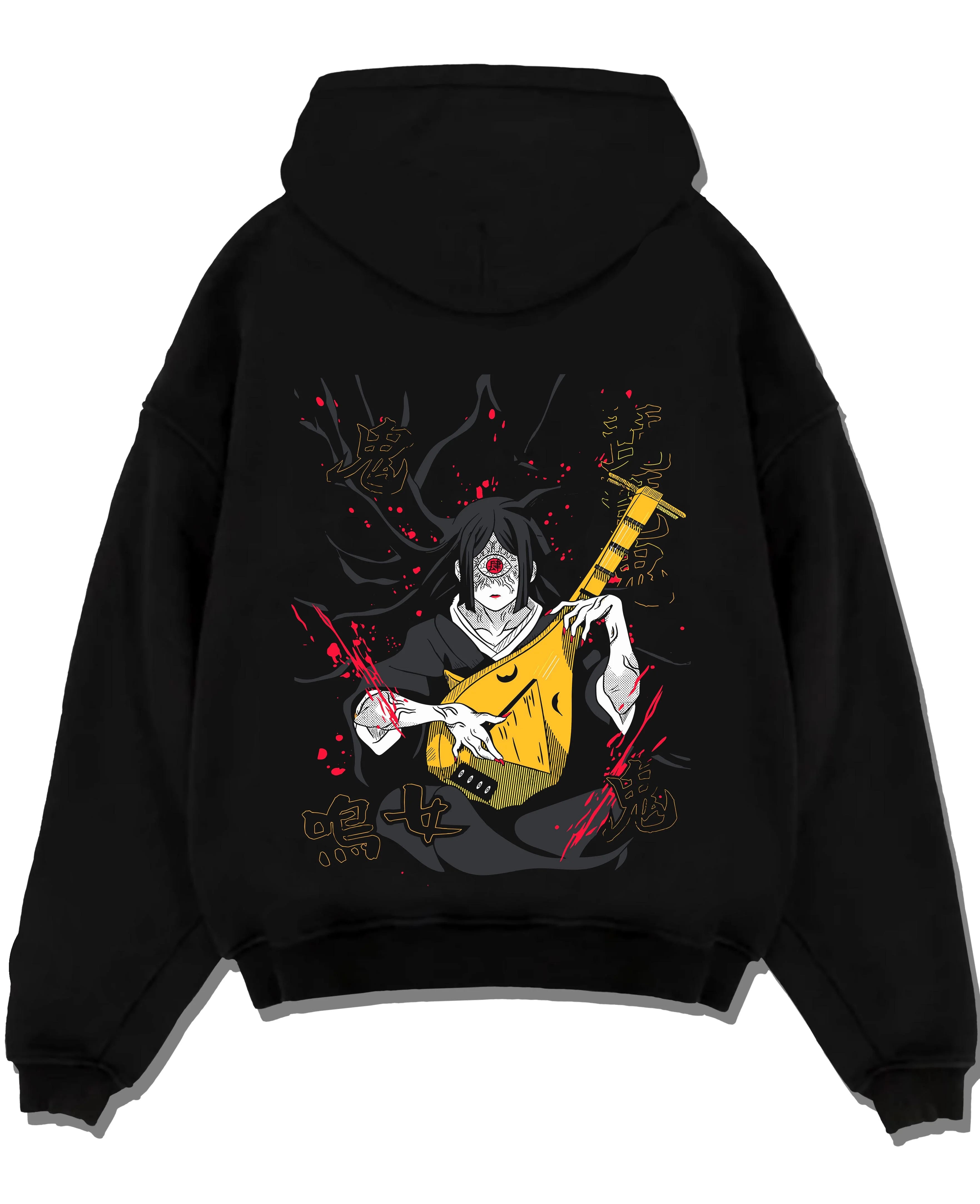 Black pullover hoodie laid flat with Kakine Hoodie Dark Esper Anime Accelerator Battle graphic premium wear.
