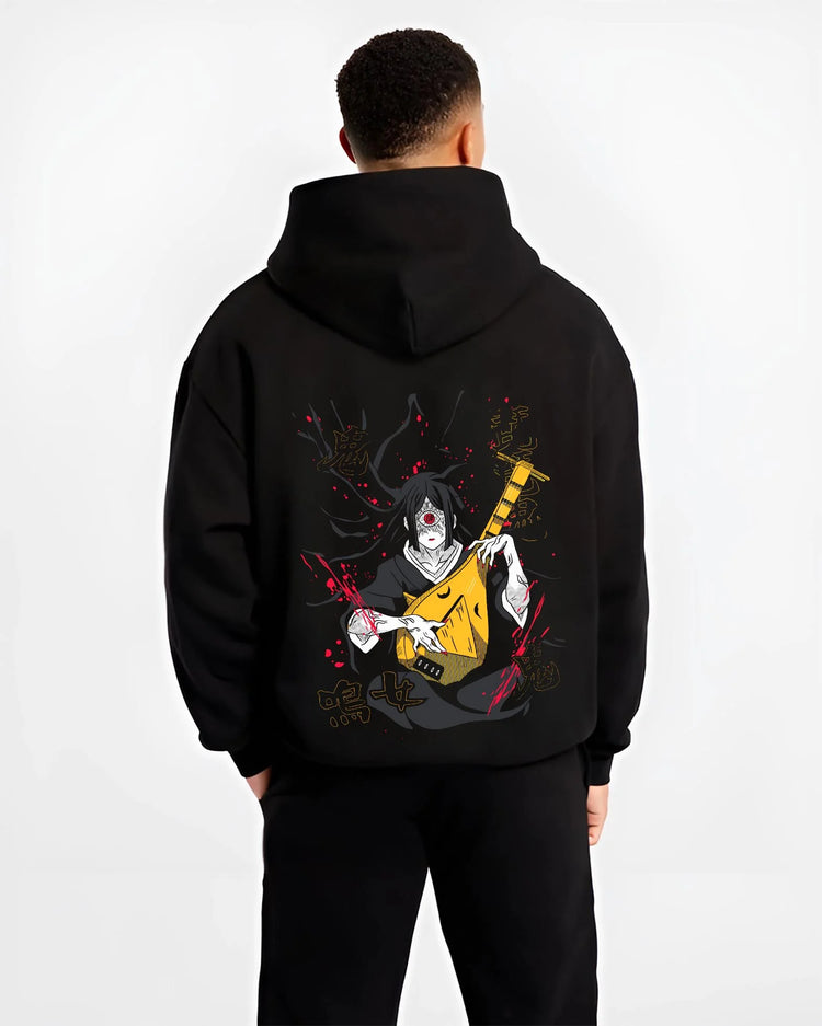 Black hoodie worn by male model, back view with Kakine Hoodie Dark Esper Anime Accelerator Battle graphic premium wear.