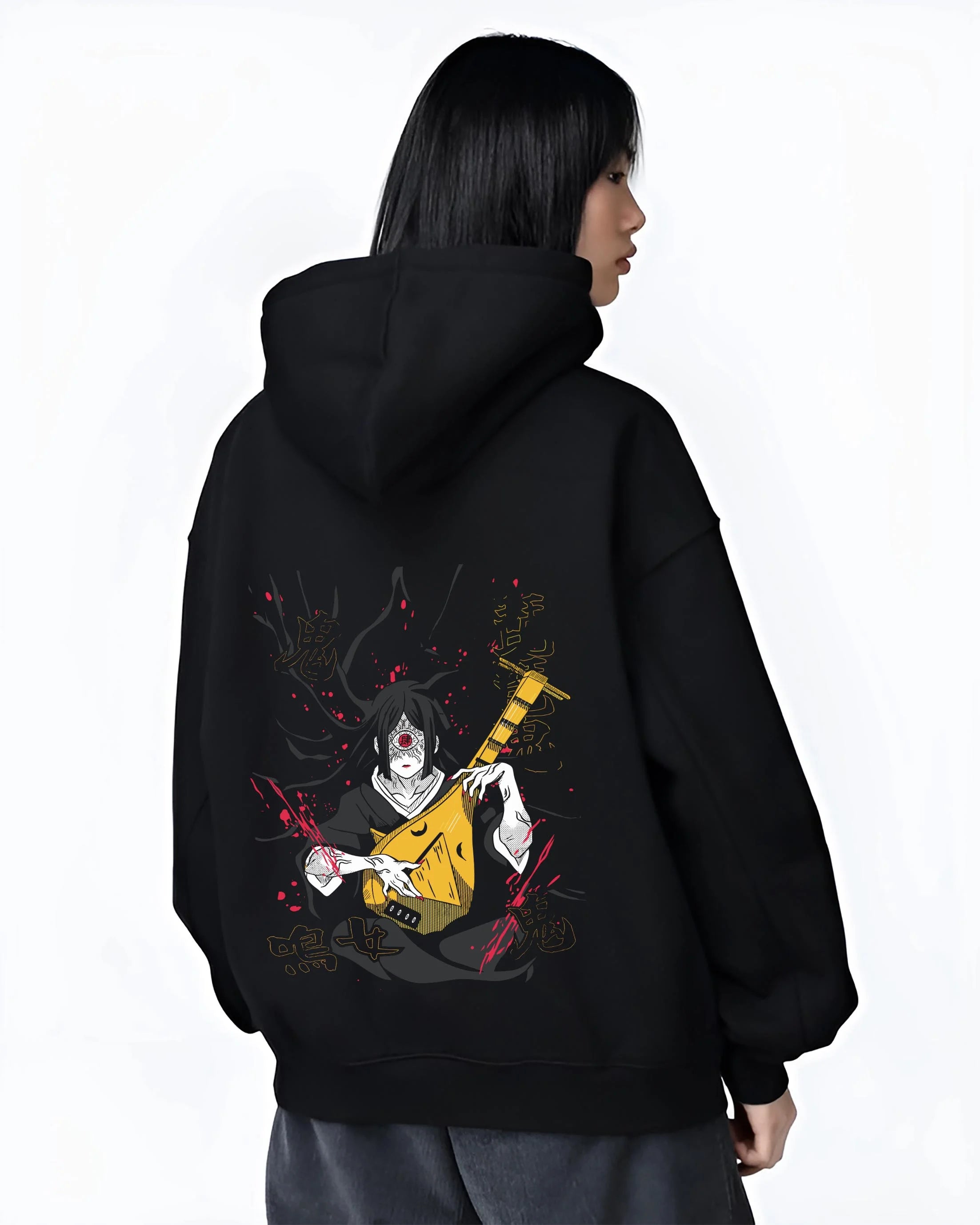 Black hoodie worn by female model, back view with Kakine Hoodie Dark Esper Anime Accelerator Battle graphic bold anime graphic.