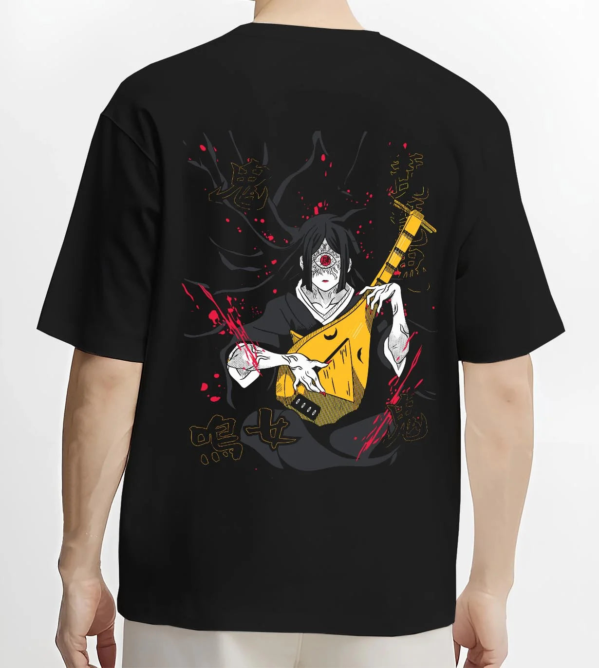 Black T-shirt worn by male model, back view with Kakine Hoodie Dark Esper Anime Accelerator Battle graphic bold anime graphic.