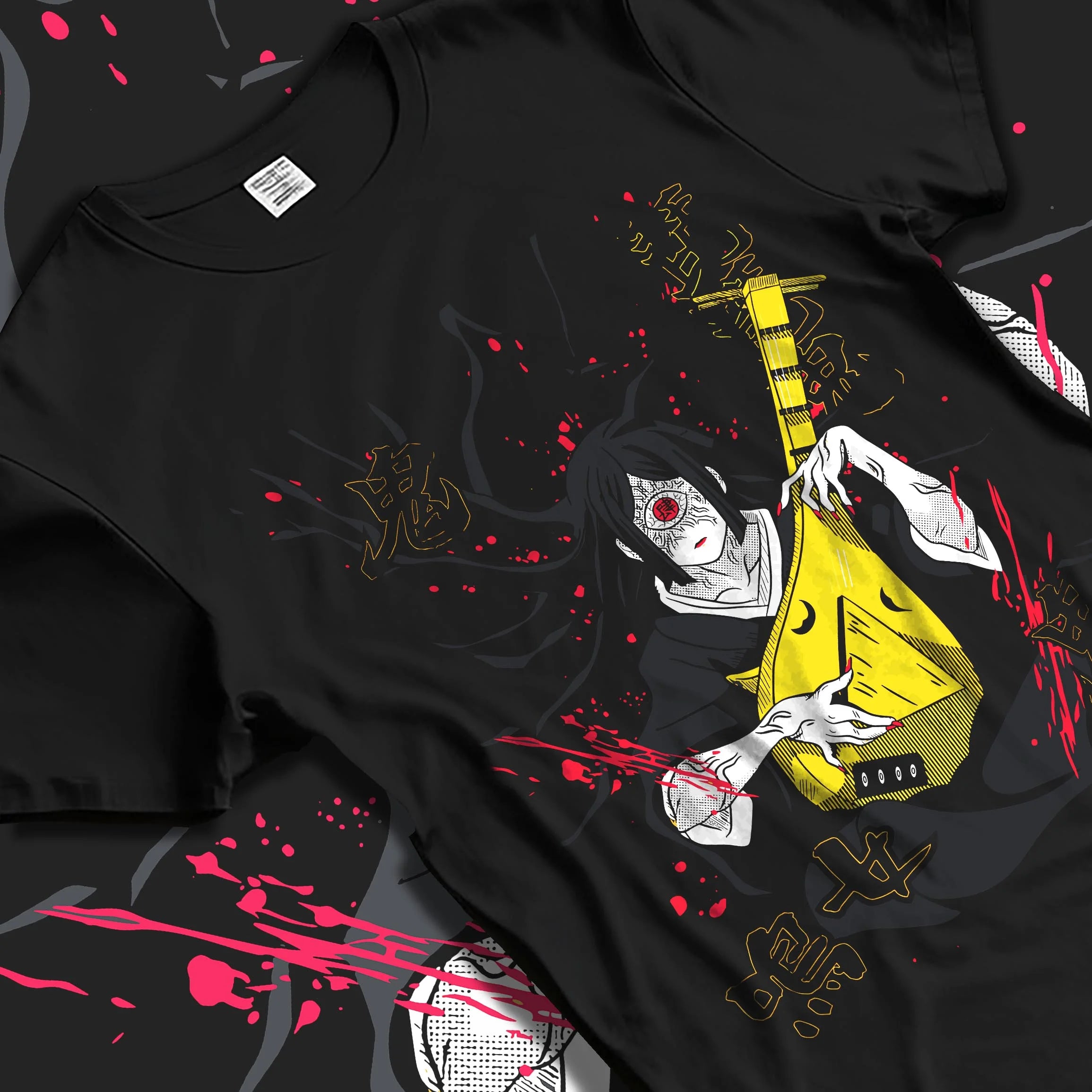 Black T-shirt laid flat with natural folds with Kakine Hoodie Dark Esper Anime Accelerator Battle graphic streetwear graphic.
