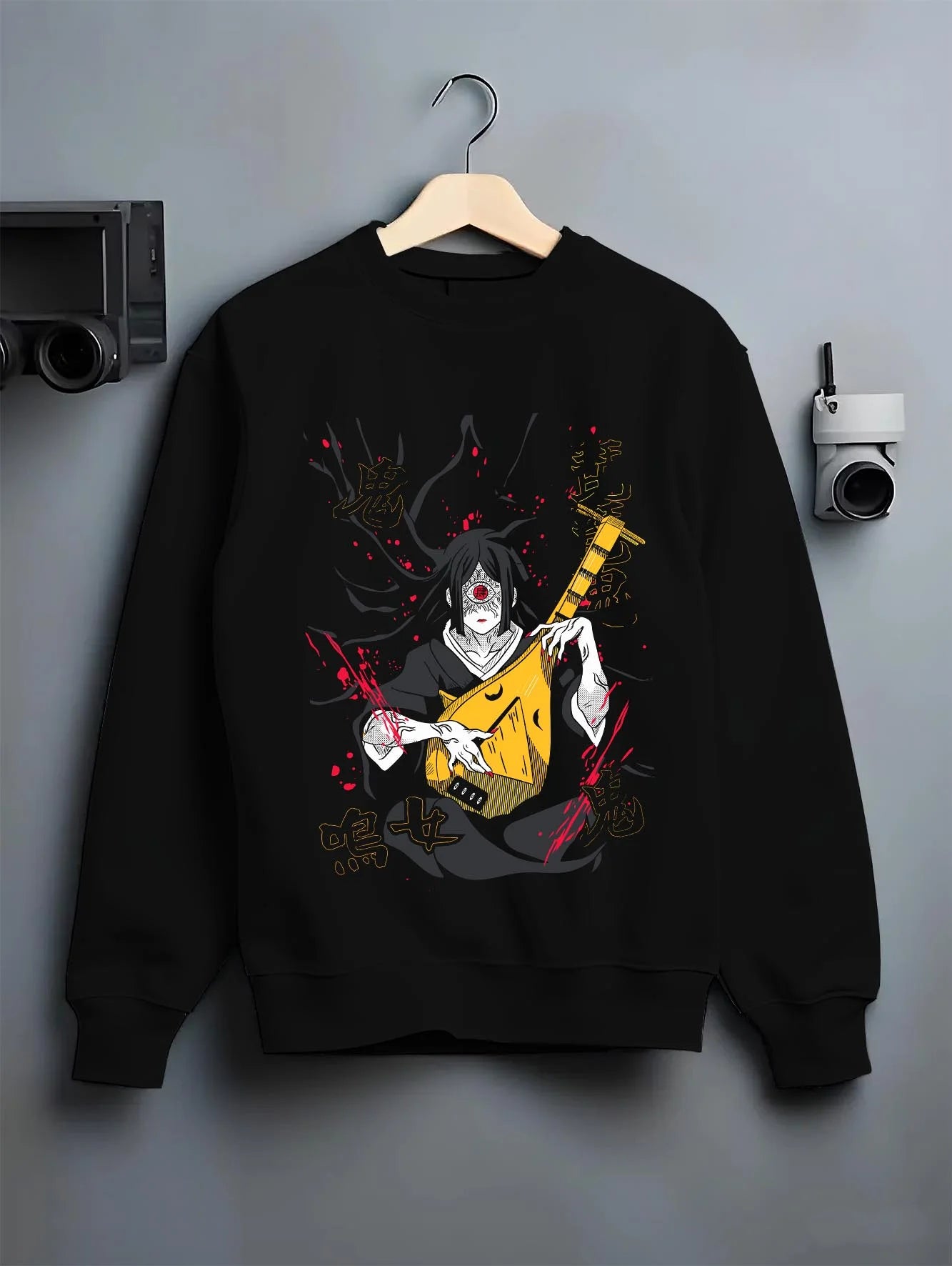 Black crewneck sweatshirt on hanger with Kakine Hoodie Dark Esper Anime Accelerator Battle graphic streetwear graphic.