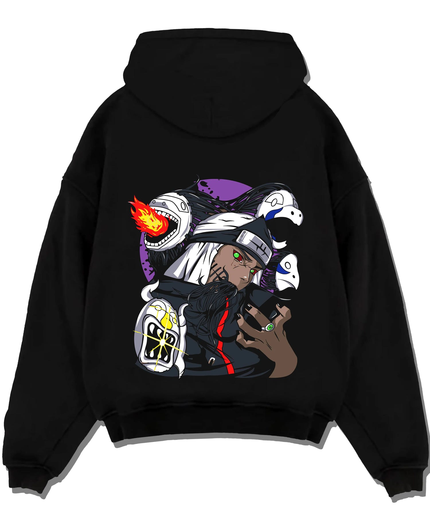 Black pullover hoodie laid flat with Kakuzu Hoodie Naruto Akatsuki Immortal Shinobi graphic bold anime graphic.