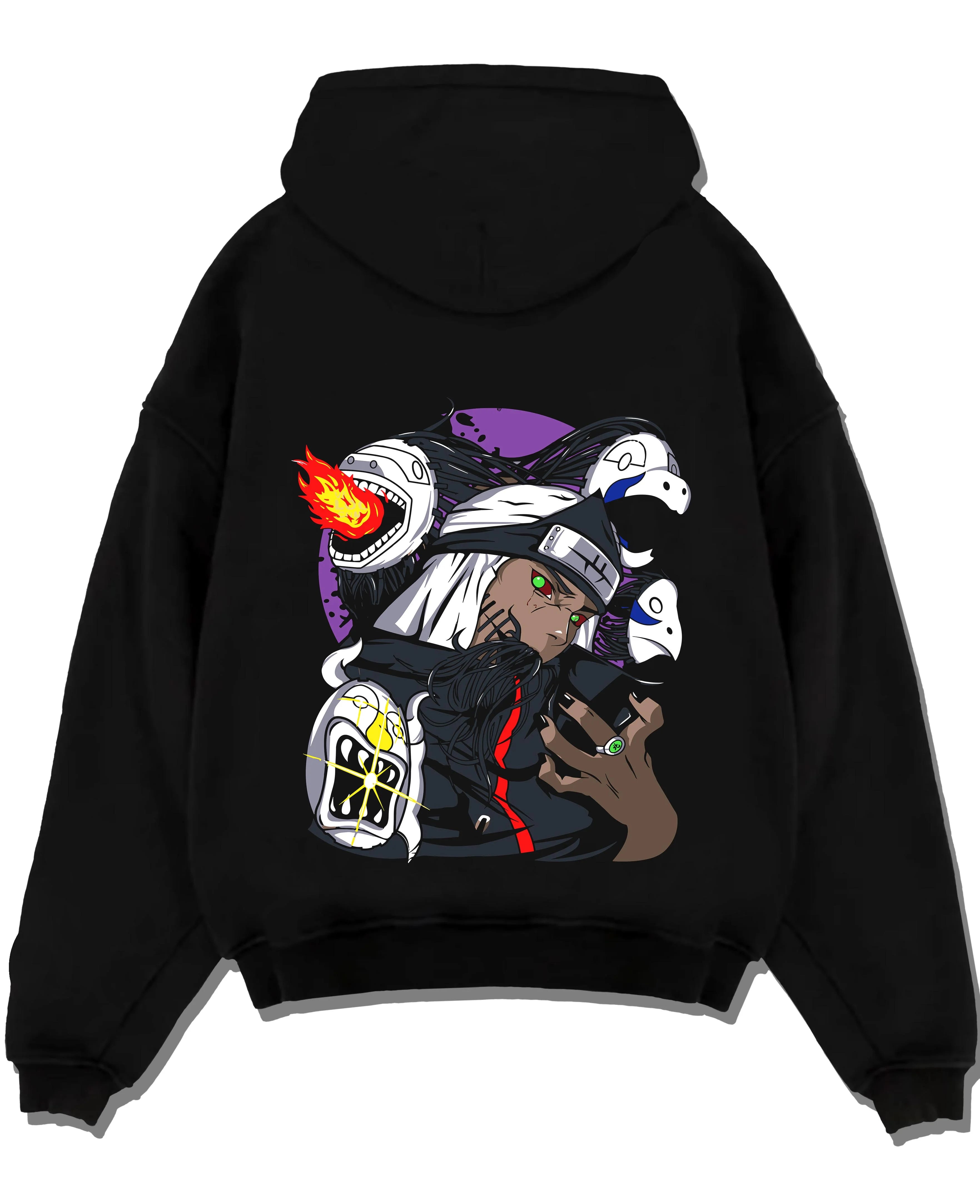 Black pullover hoodie laid flat with Kakuzu Hoodie Naruto Akatsuki Immortal Shinobi graphic bold anime graphic.