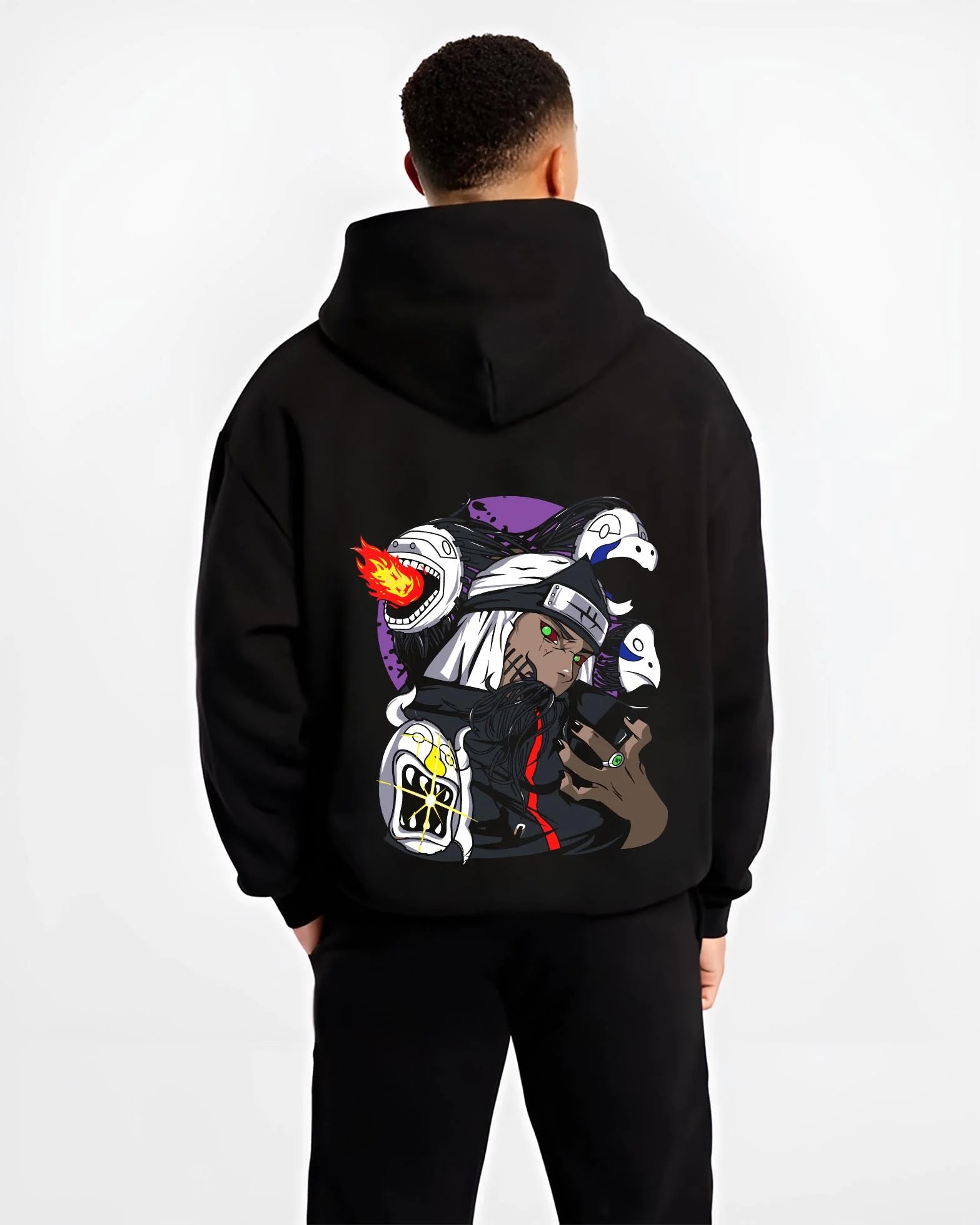 Black hoodie worn by male model, back view with Kakuzu Hoodie Naruto Akatsuki Immortal Shinobi graphic premium wear.