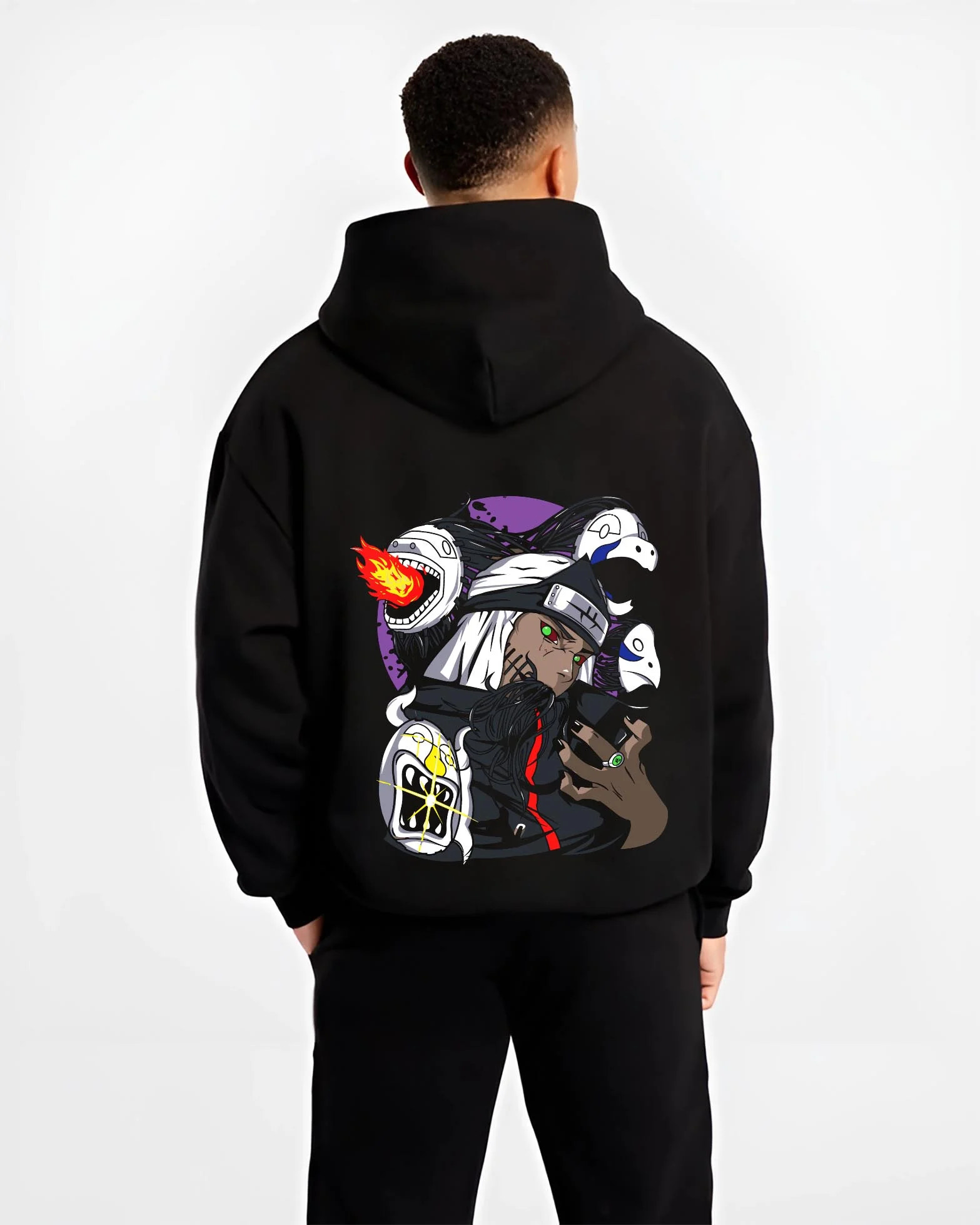 Black hoodie worn by male model, back view with Kakuzu Hoodie Naruto Akatsuki Immortal Shinobi graphic premium wear.
