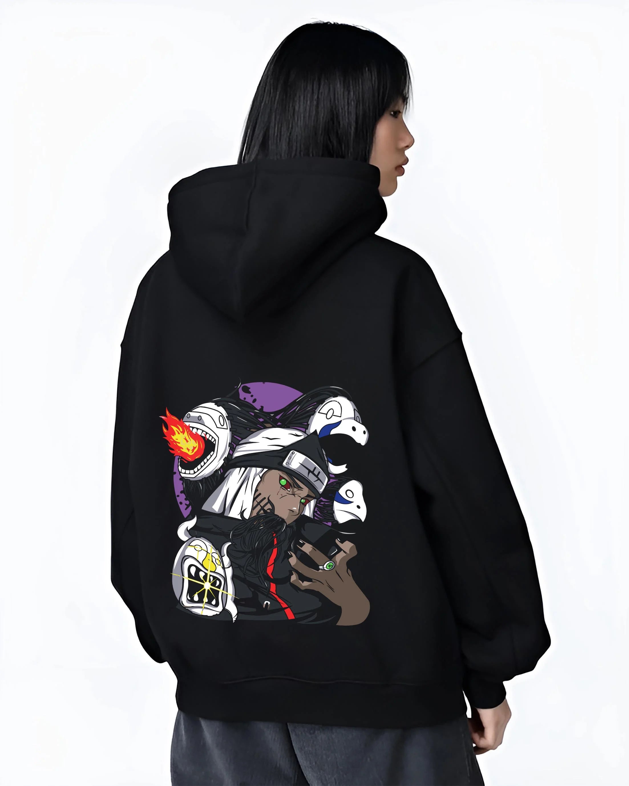 Black hoodie worn by female model, back view with Kakuzu Hoodie Naruto Akatsuki Immortal Shinobi graphic bold anime graphic.