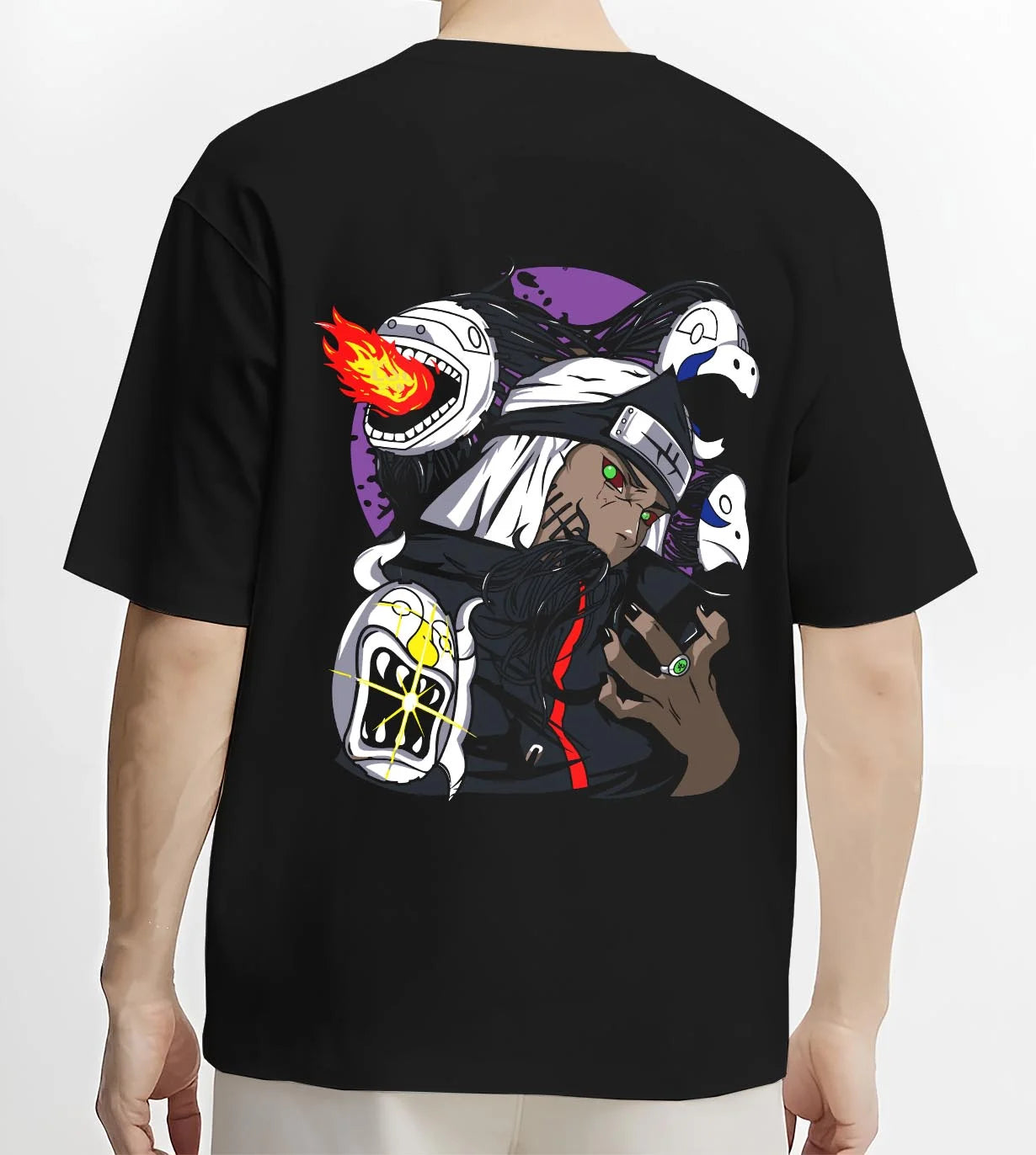 Black T-shirt worn by male model, back view with Kakuzu Hoodie Naruto Akatsuki Immortal Shinobi graphic Kakuzu anime design.