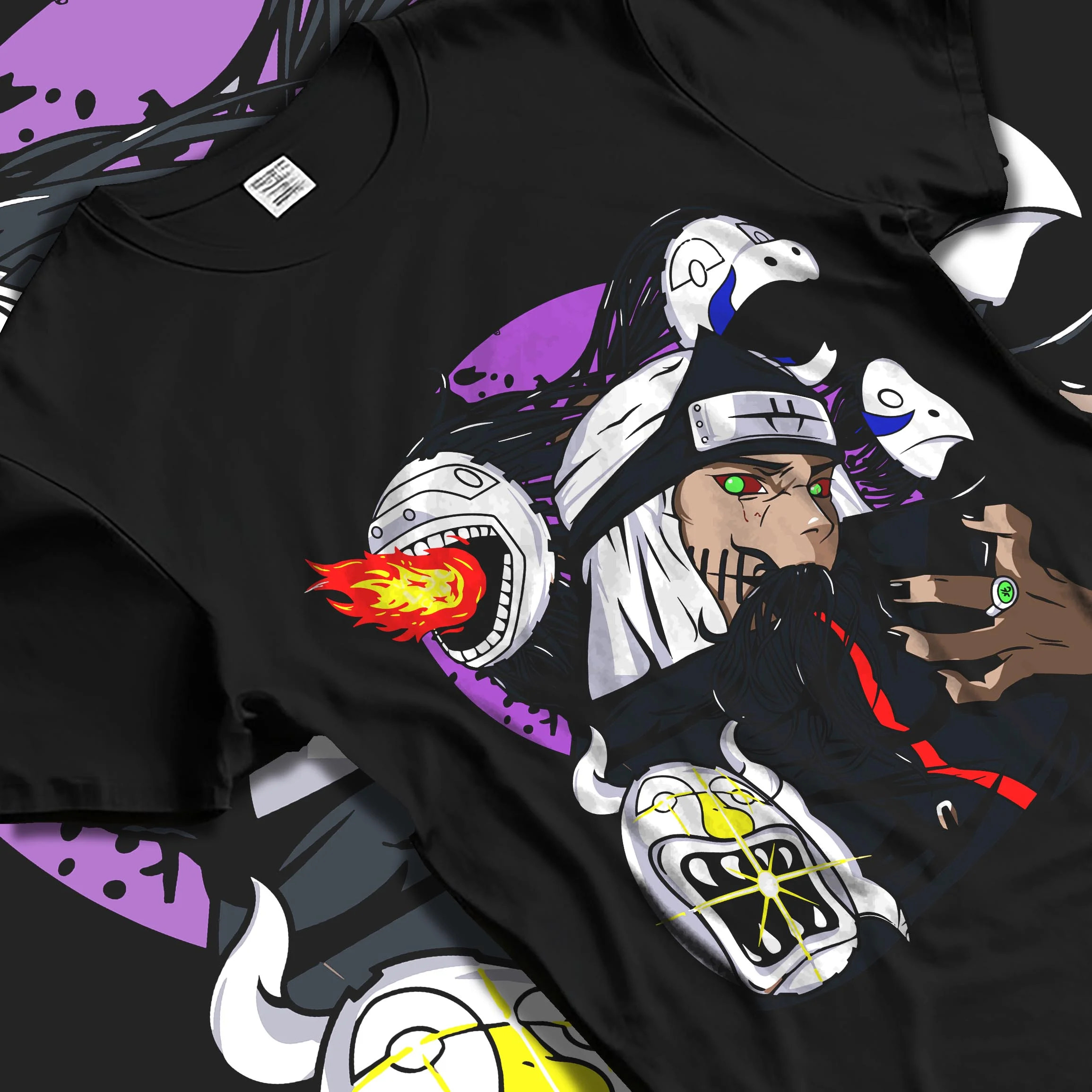 Black T-shirt laid flat with natural folds with Kakuzu Hoodie Naruto Akatsuki Immortal Shinobi graphic premium wear.