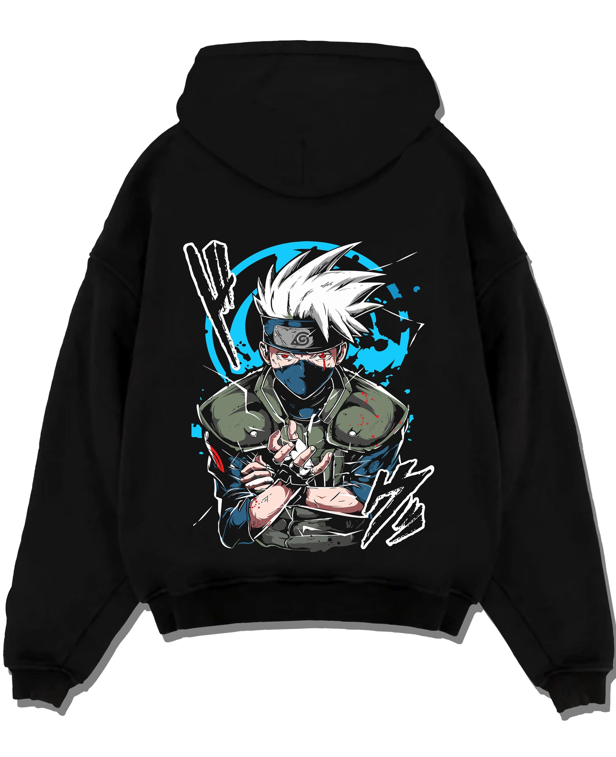 Black pullover hoodie laid flat with Kakashi Hatake Hoodie Naruto Copy Ninja Jonin Leader graphic premium wear.