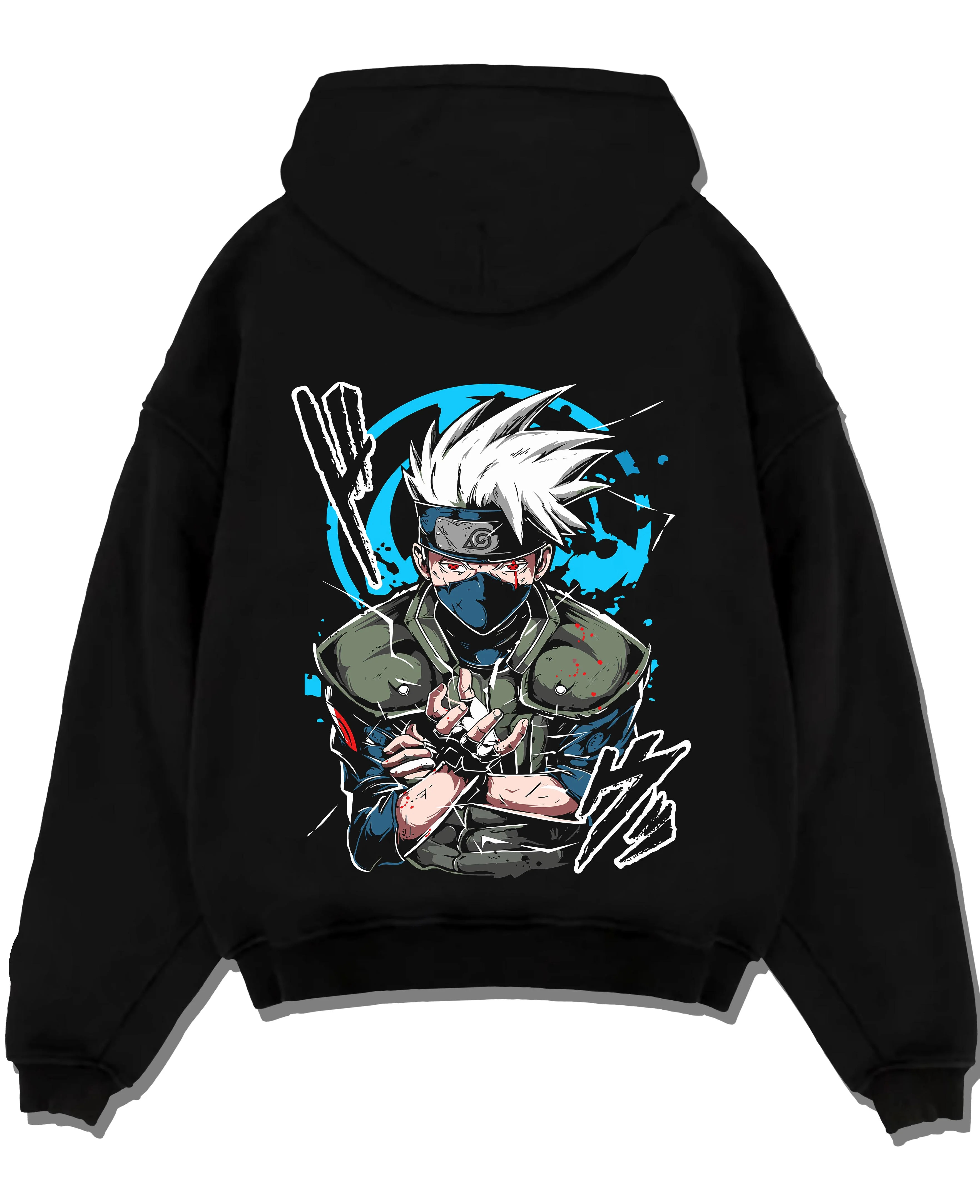 Black pullover hoodie laid flat with Kakashi Hatake Hoodie Naruto Copy Ninja Jonin Leader graphic premium wear.