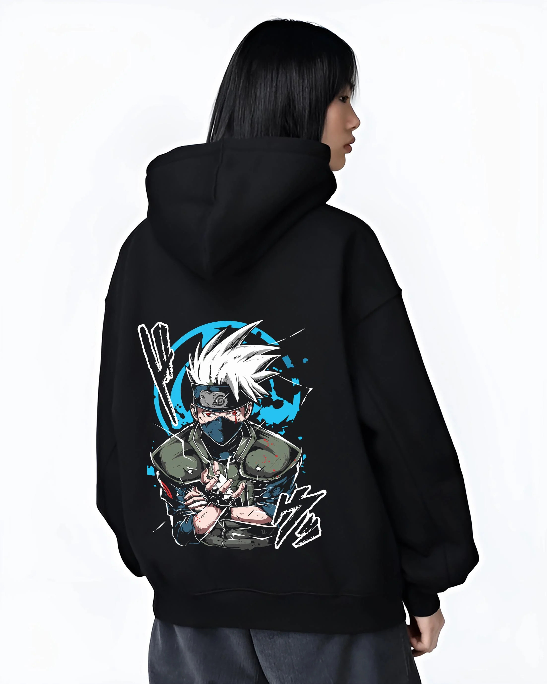Black hoodie worn by female model, back view with Kakashi Hatake Hoodie Naruto Copy Ninja Jonin Leader graphic streetwear graphic.