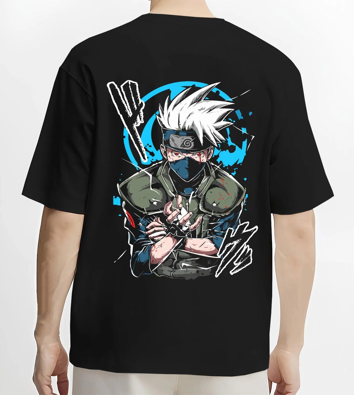 Black T-shirt worn by male model, back view with Kakashi Hatake Hoodie Naruto Copy Ninja Jonin Leader graphic premium wear.