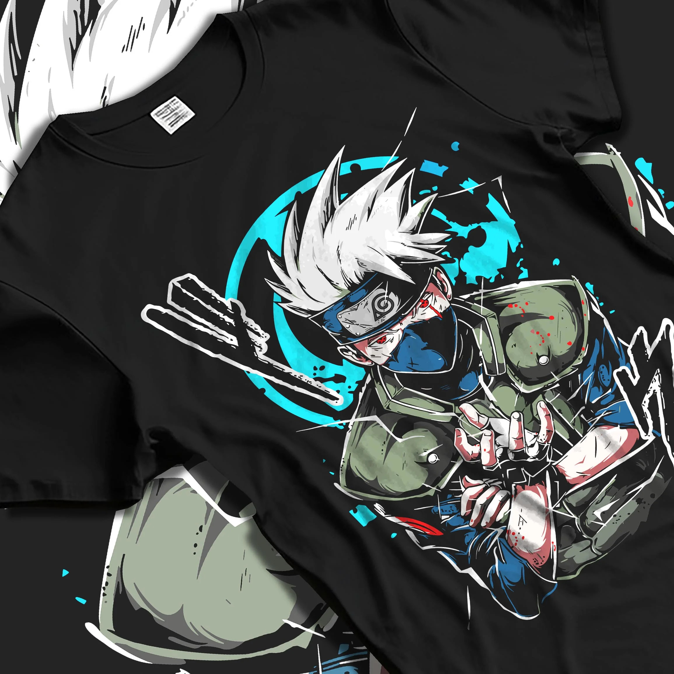 Black T-shirt laid flat with natural folds with Kakashi Hatake Hoodie Naruto Copy Ninja Jonin Leader graphic bold anime graphic.