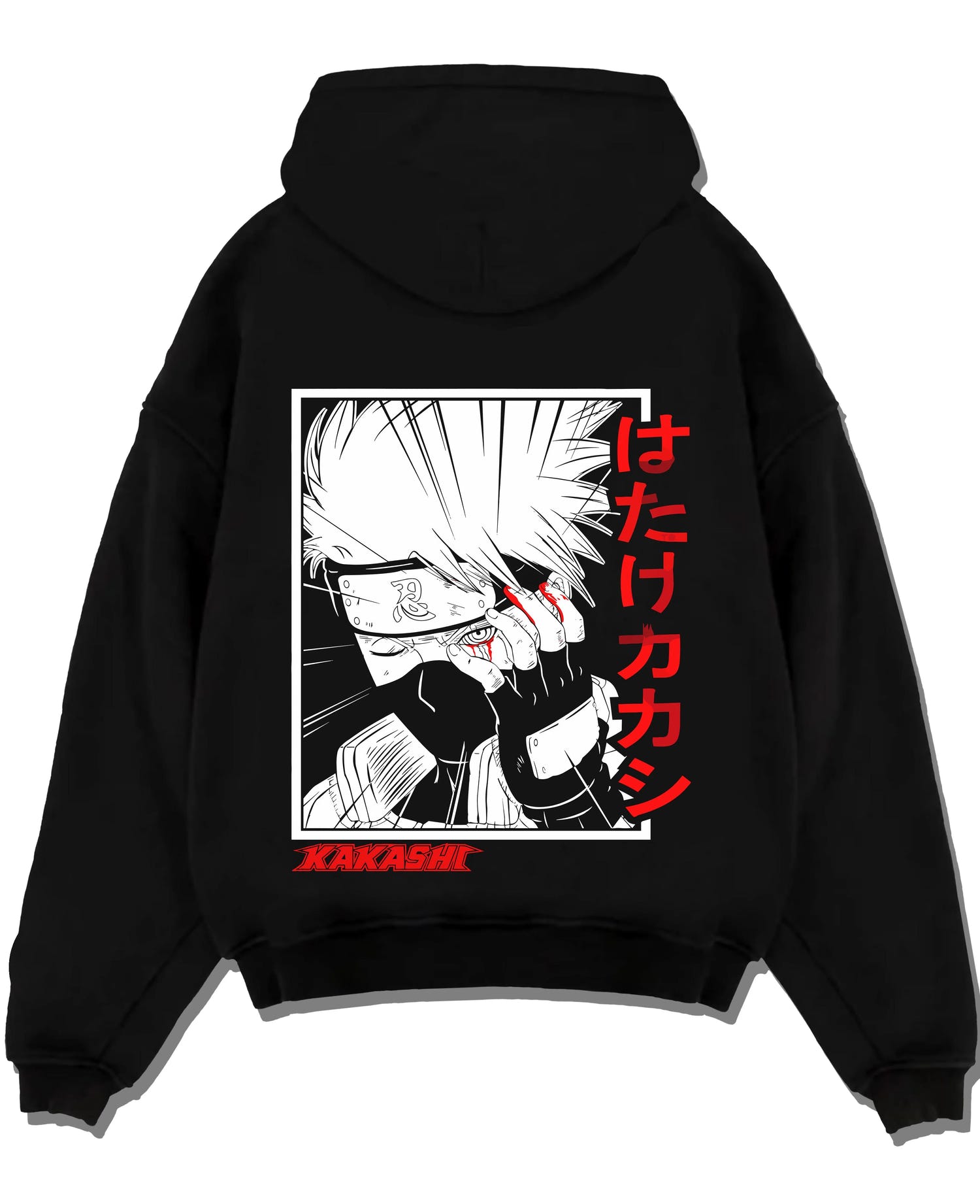 Black pullover hoodie laid flat with Kakashi Hatake Hoodie Naruto Copy Ninja Hidden Leaf graphic bold anime graphic.