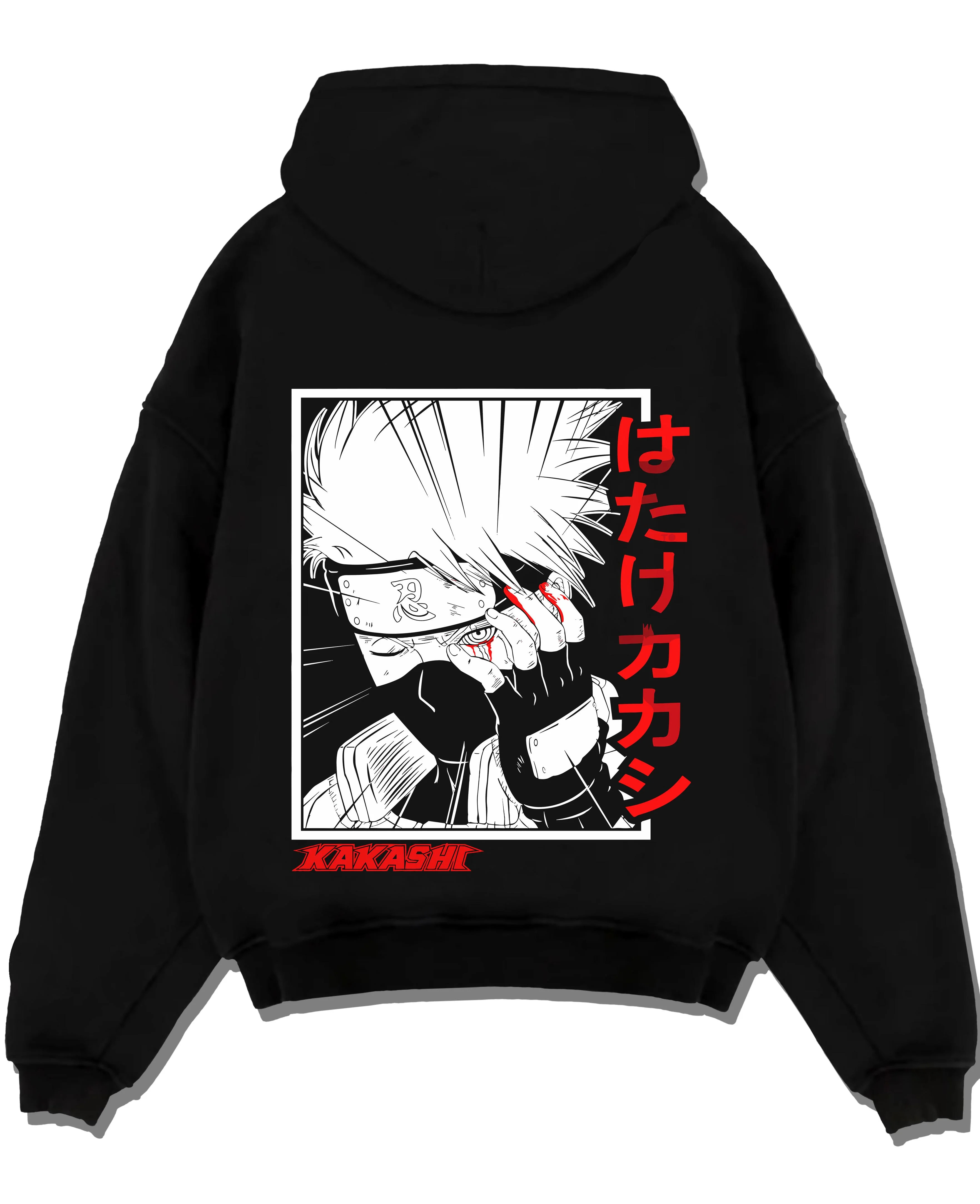 Black pullover hoodie laid flat with Kakashi Hatake Hoodie Naruto Copy Ninja Hidden Leaf graphic bold anime graphic.