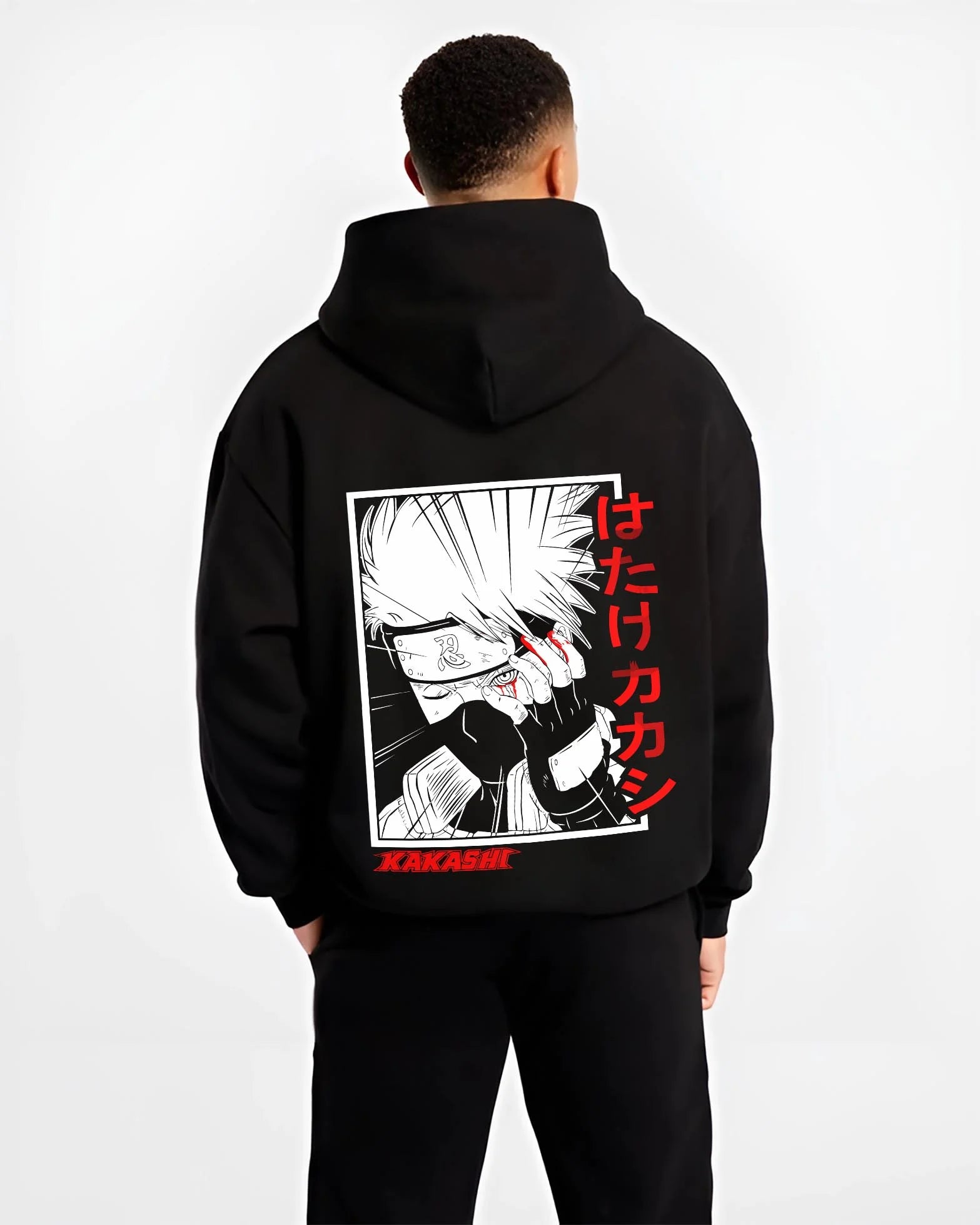 Black hoodie worn by male model, back view with Kakashi Hatake Hoodie Naruto Copy Ninja Hidden Leaf graphic premium wear.