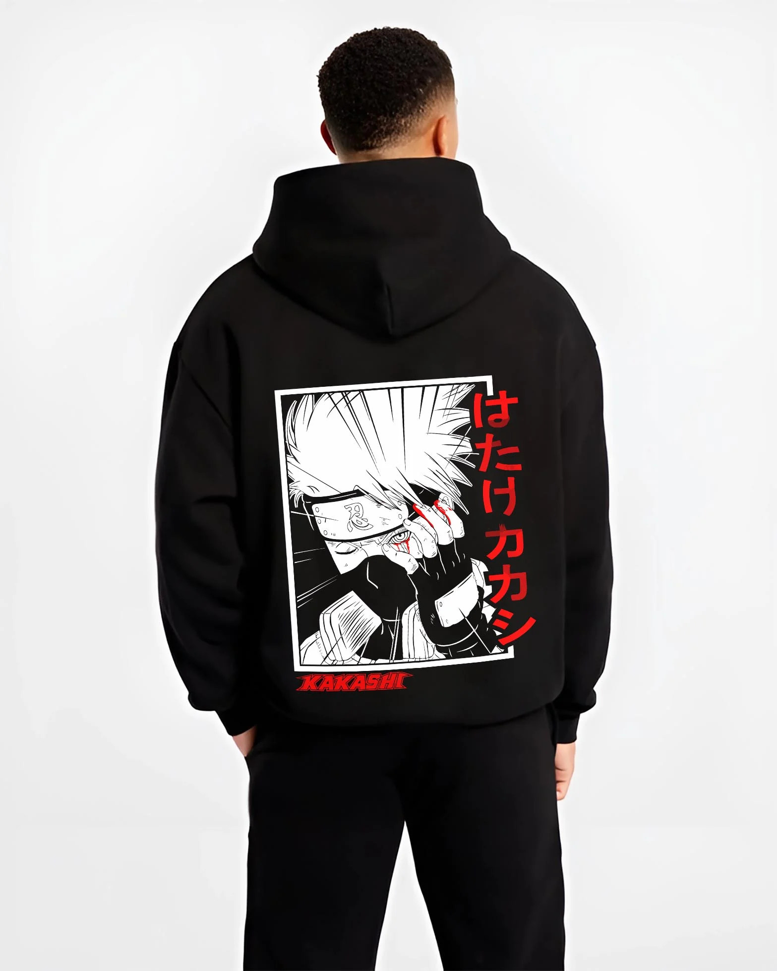 Black hoodie worn by male model, back view with Kakashi Hatake Hoodie Naruto Copy Ninja Hidden Leaf graphic premium wear.