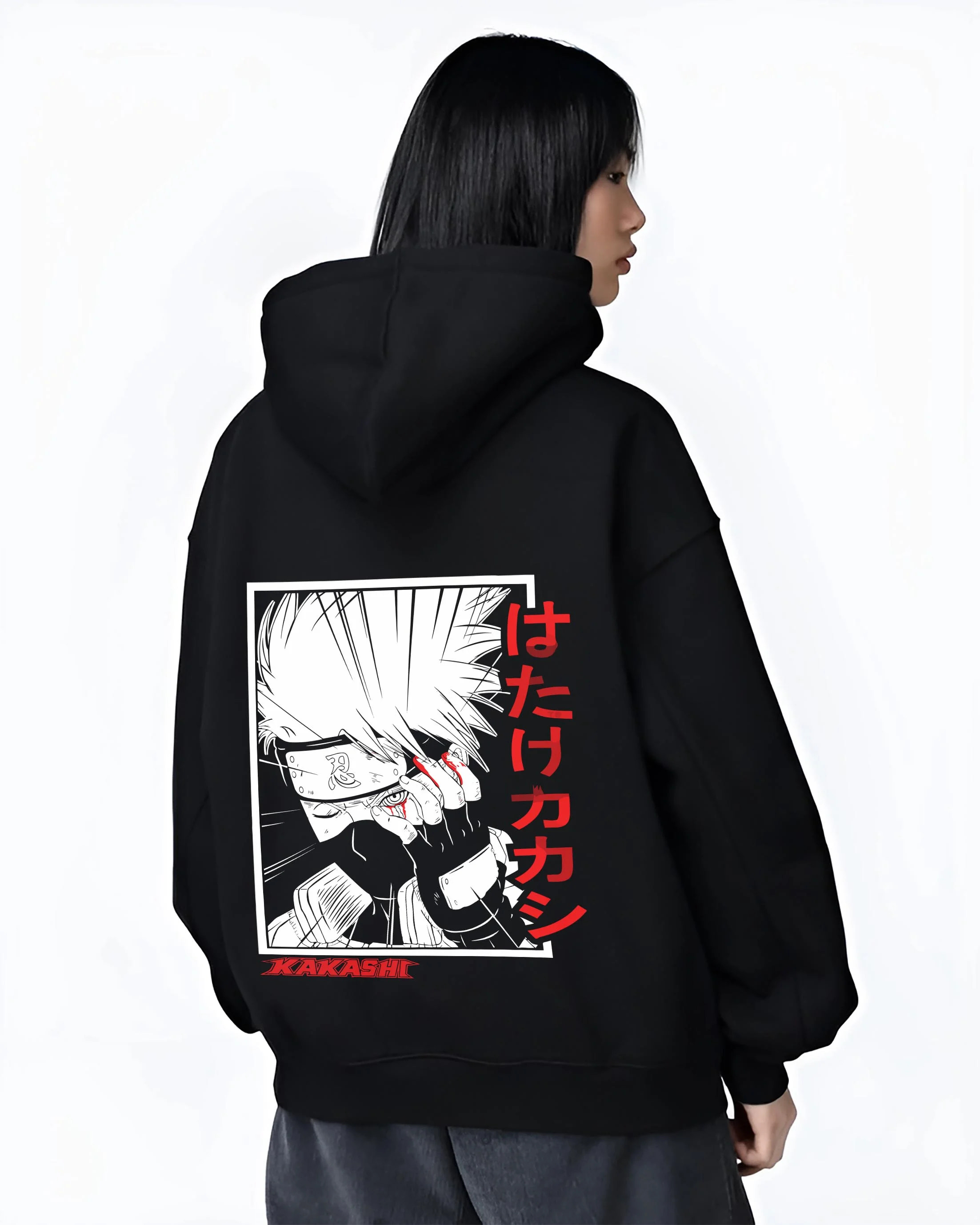 Black hoodie worn by female model, back view with Kakashi Hatake Hoodie Naruto Copy Ninja Hidden Leaf graphic premium wear.