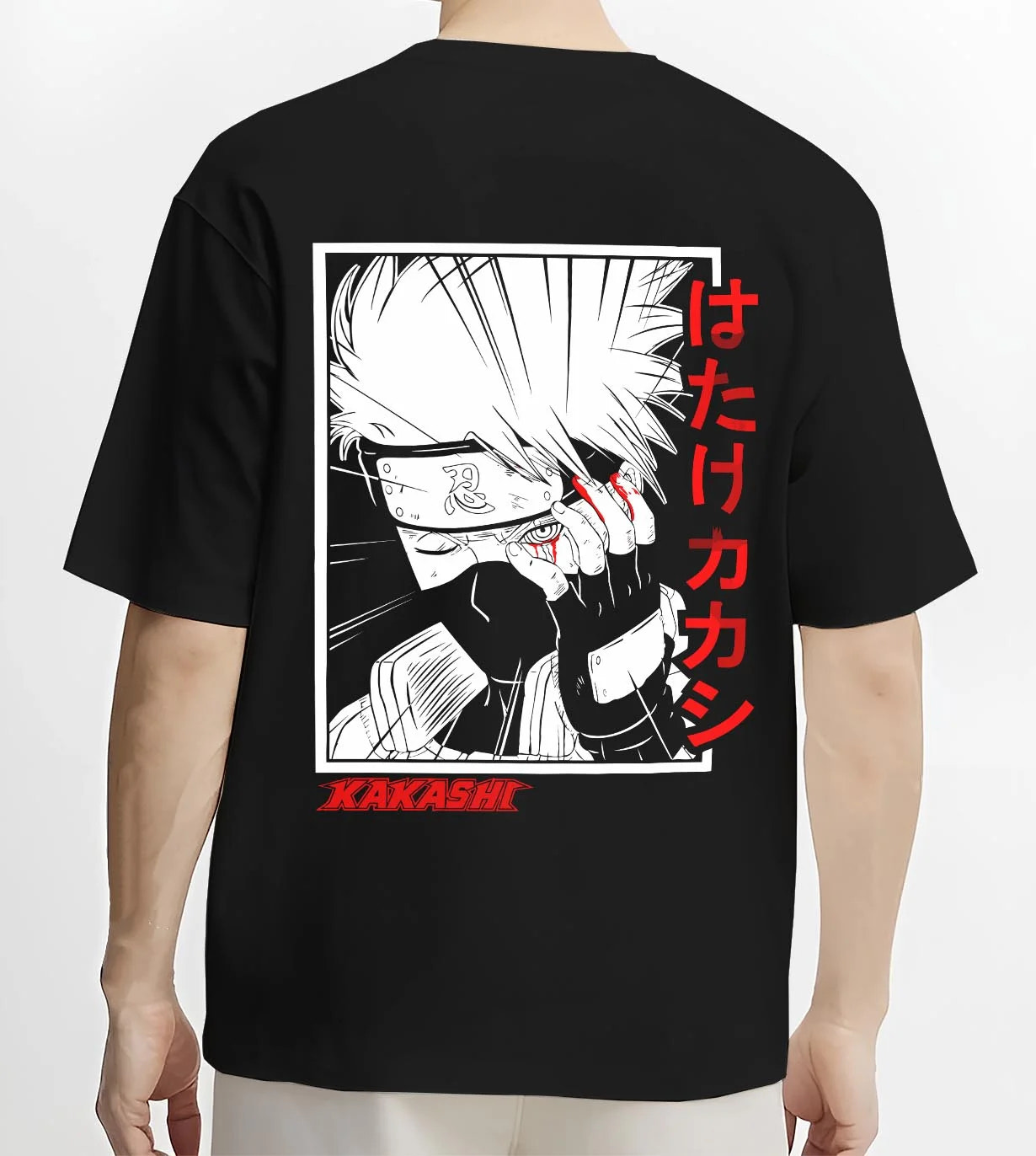 Black T-shirt worn by male model, back view with Kakashi Hatake Hoodie Naruto Copy Ninja Hidden Leaf graphic streetwear graphic.