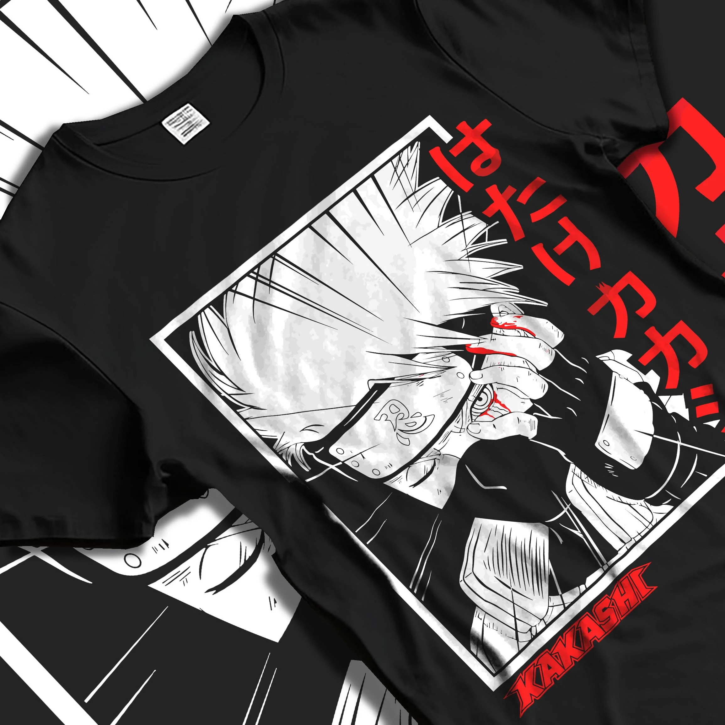 Black T-shirt laid flat with natural folds with Kakashi Hatake Hoodie Naruto Copy Ninja Hidden Leaf graphic streetwear graphic.
