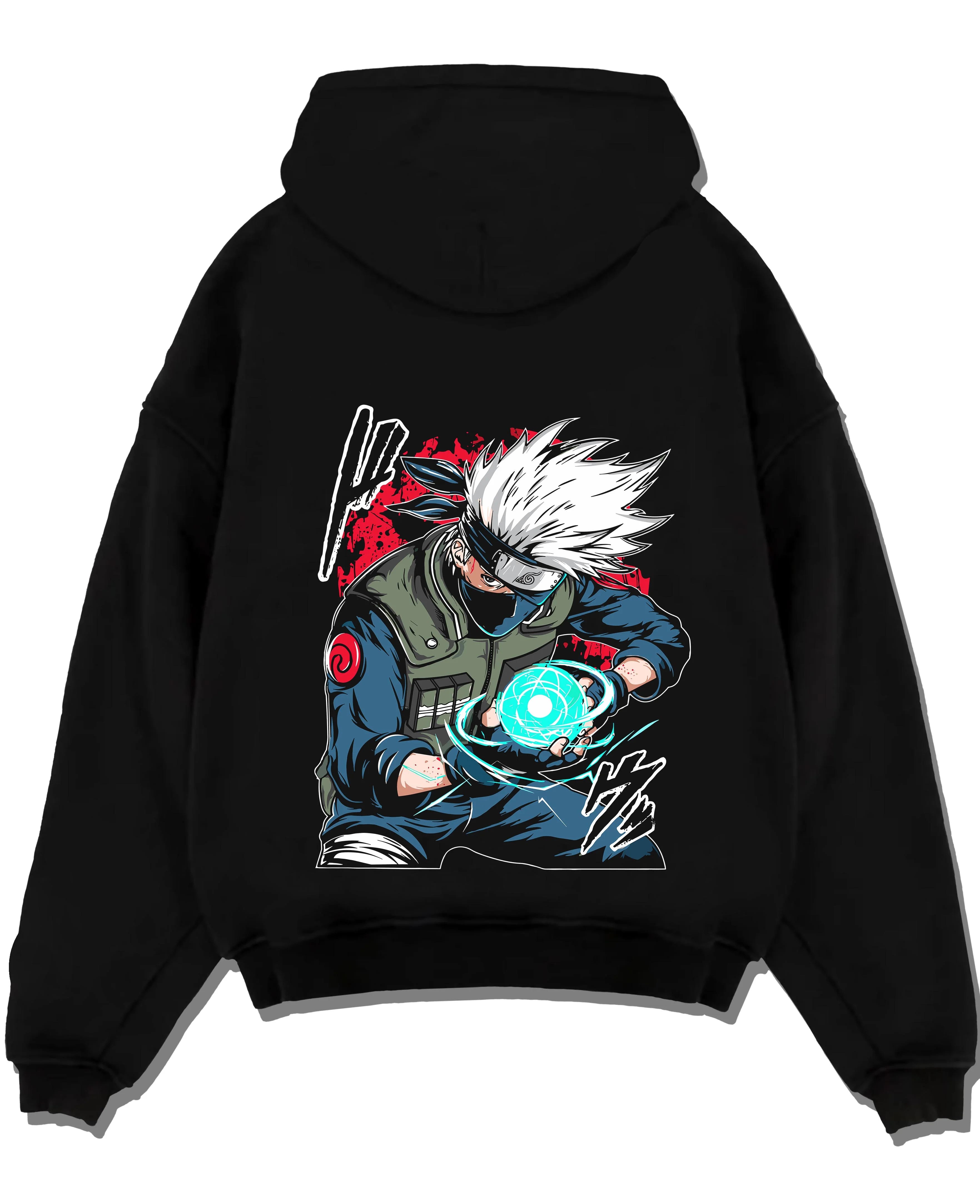 Black pullover hoodie laid flat with Kakashi Hatake Hoodie Naruto Rasengan Jonin Pose graphic premium wear.