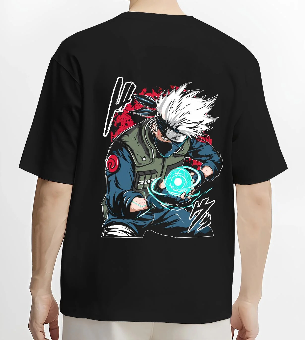 Black T-shirt worn by male model, back view with Kakashi Hatake Hoodie Naruto Rasengan Jonin Pose graphic bold anime graphic.