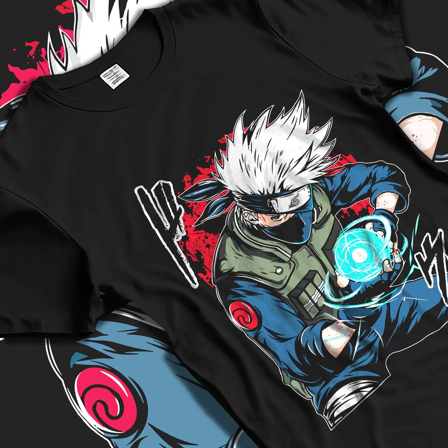 Black T-shirt laid flat with natural folds with Kakashi Hatake Hoodie Naruto Rasengan Jonin Pose graphic premium wear.