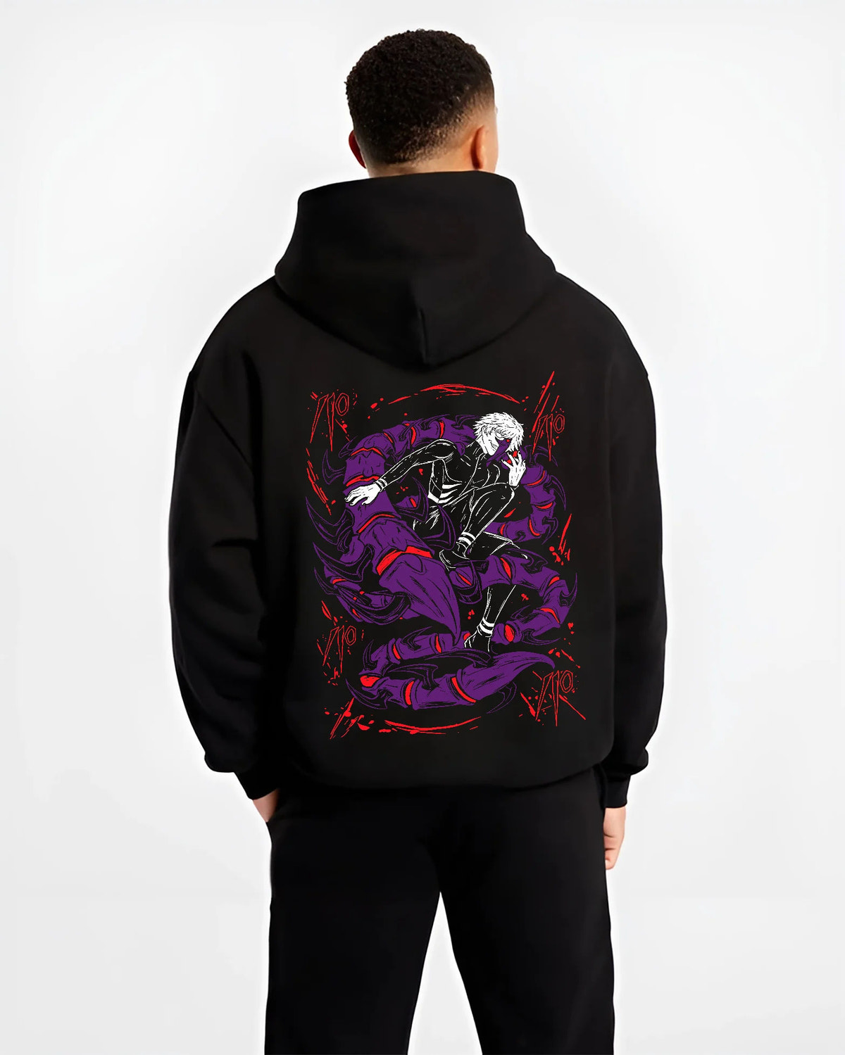 Black hoodie model back view showing Ken Kaneki from Tokyo Ghoul: black and purple masked ghoul illustration