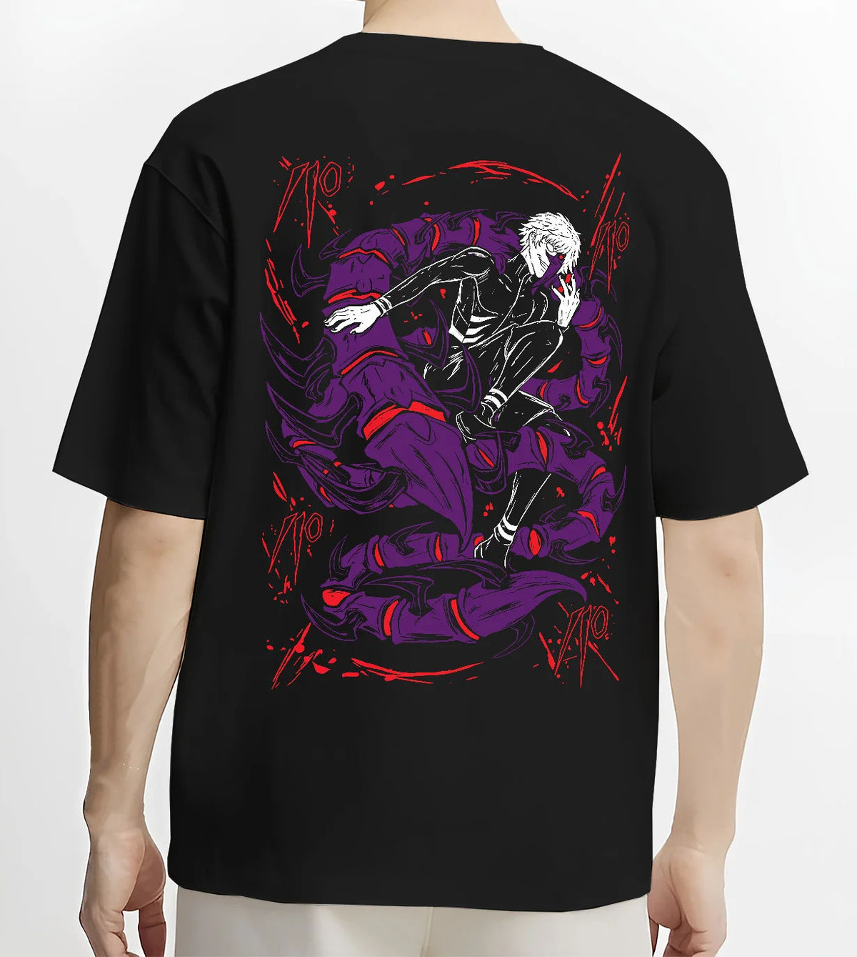 Black T-shirt model back view showing Ken Kaneki from Tokyo Ghoul: black and purple masked ghoul illustration