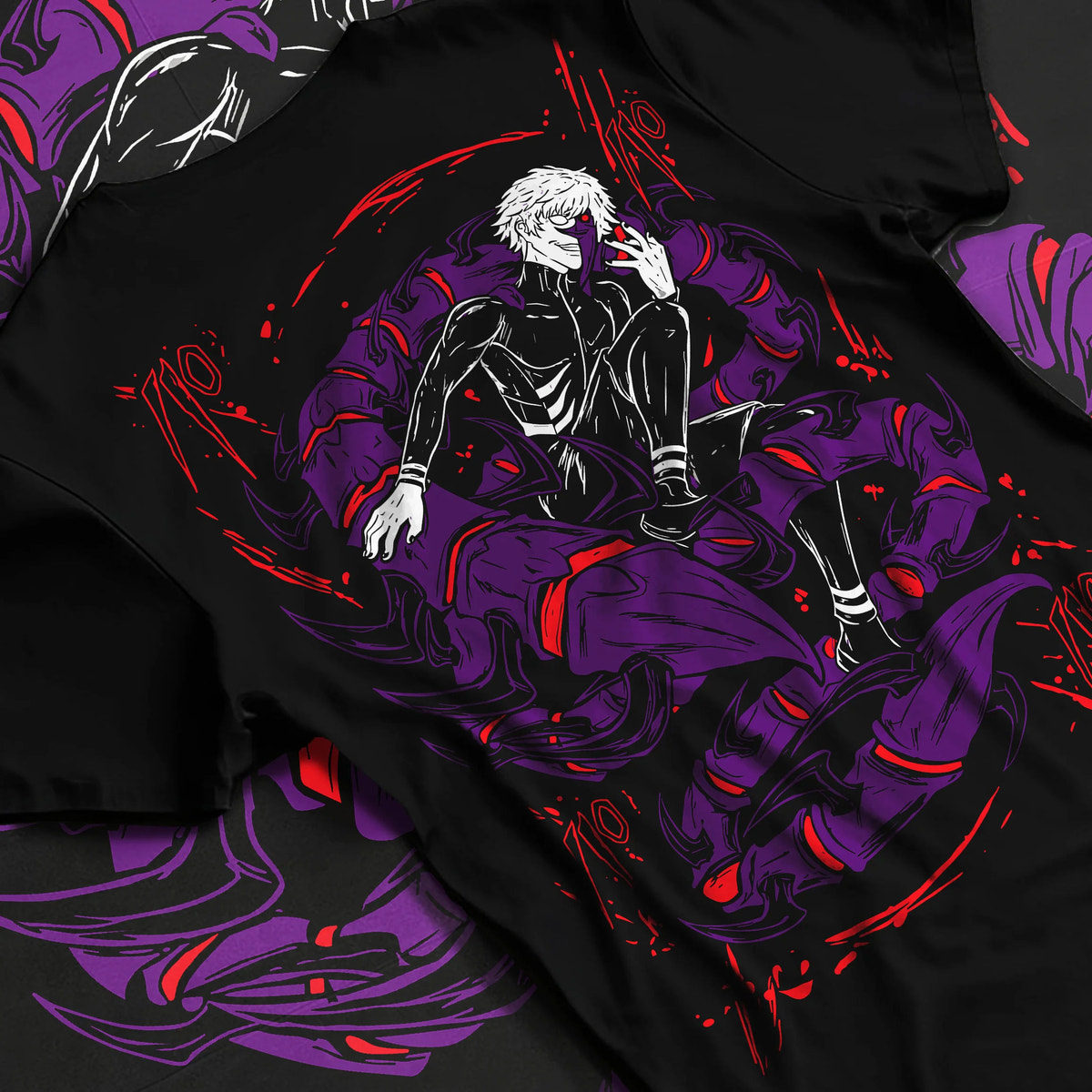 Black T-shirt flat back view showing Ken Kaneki from Tokyo Ghoul: black and purple masked ghoul illustration
