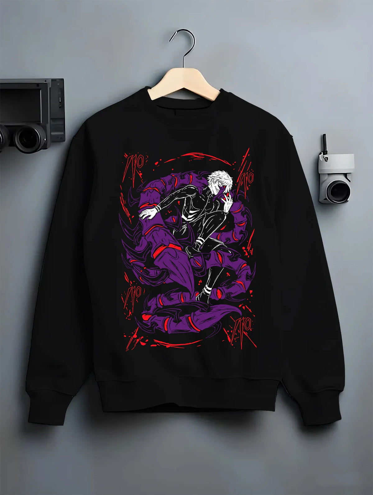 Black crewneck sweatshirt on hanger showing Ken Kaneki from Tokyo Ghoul: black and purple masked ghoul illustration
