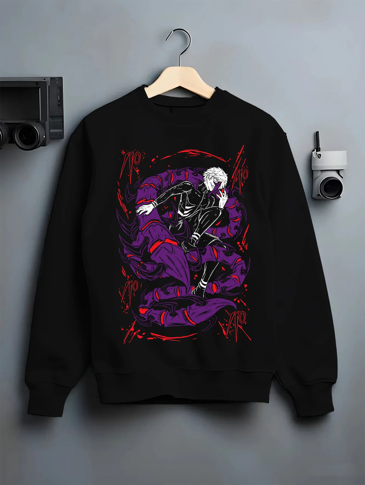 Black crewneck sweatshirt on hanger showing Ken Kaneki from Tokyo Ghoul: black and purple masked ghoul illustration