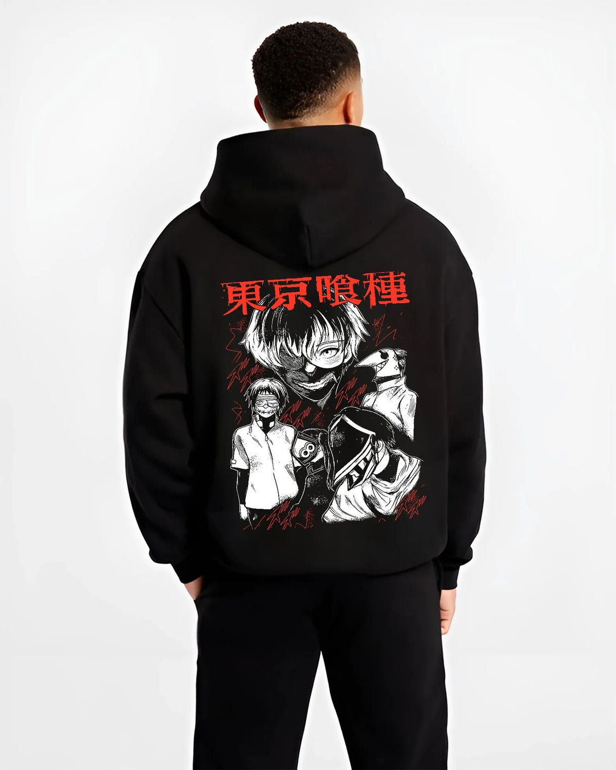 Black hoodie model back view showing Ken Kaneki from Tokyo Ghoul: ghoul fight dual-character poster