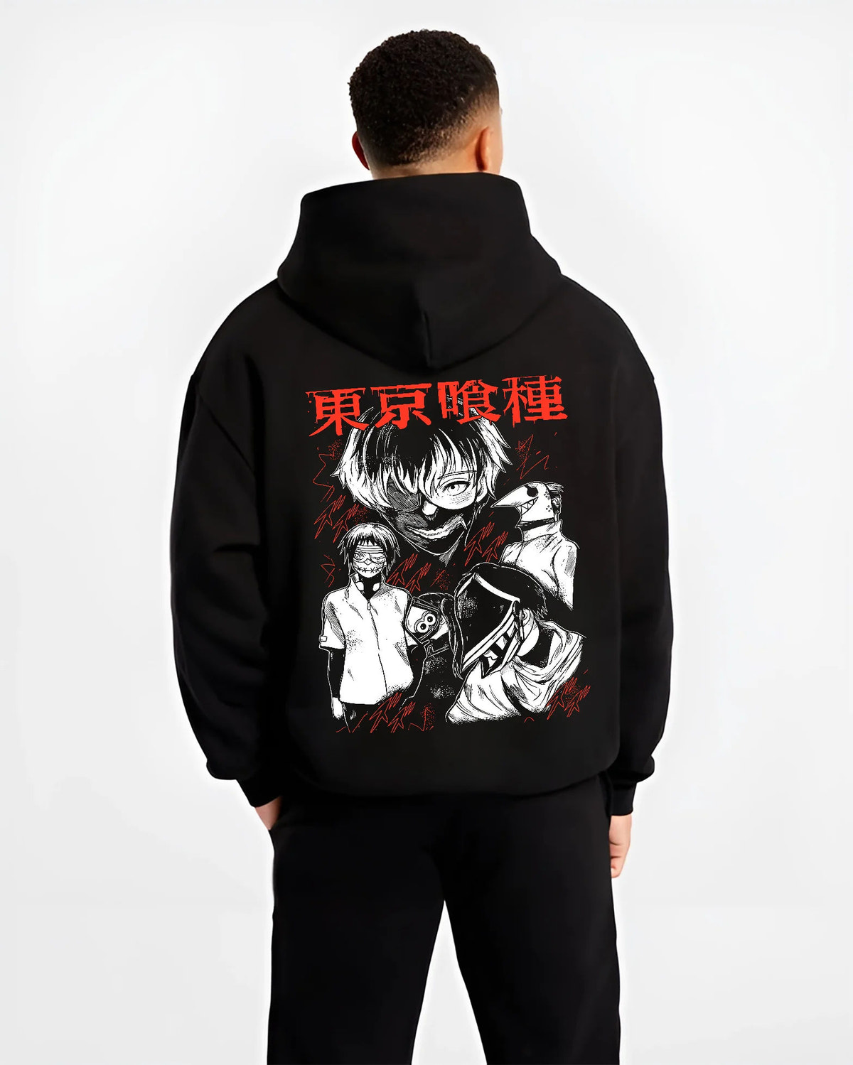 Black hoodie model back view showing Ken Kaneki from Tokyo Ghoul: ghoul fight dual-character poster