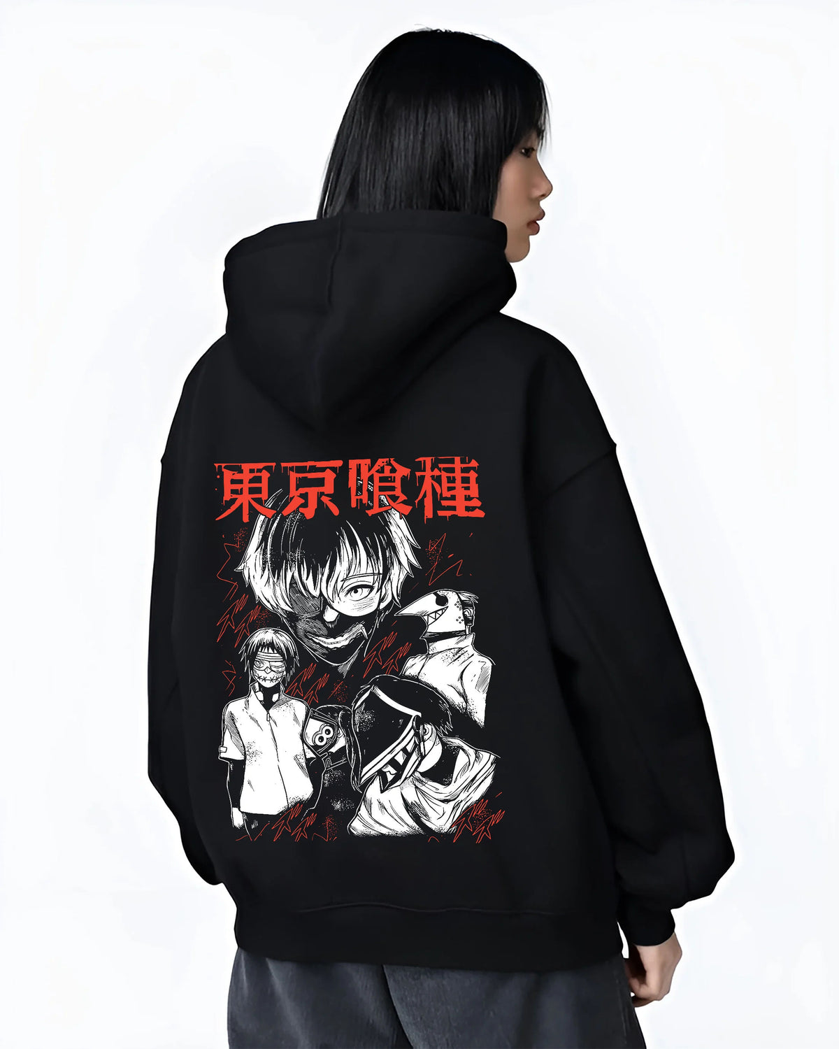 Black hoodie female model back view showing Ken Kaneki from Tokyo Ghoul: ghoul fight dual-character poster