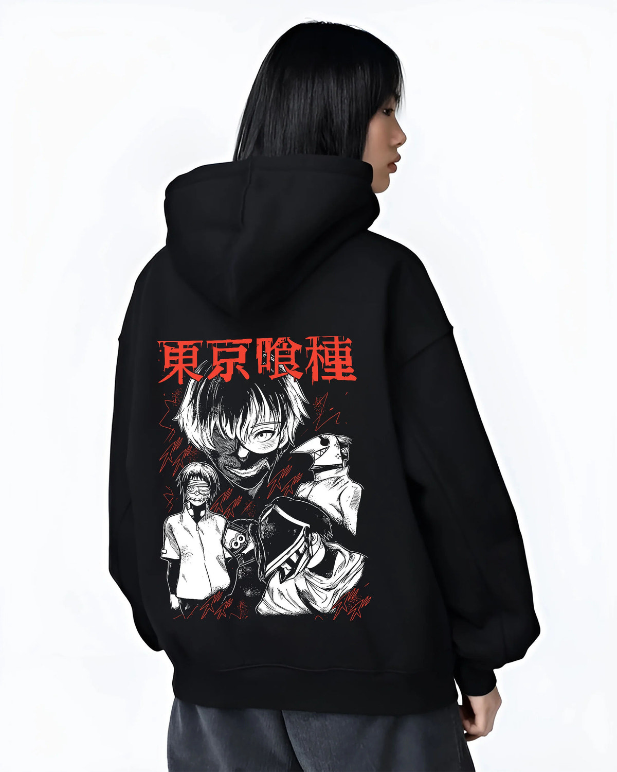 Black hoodie female model back view showing Ken Kaneki from Tokyo Ghoul: ghoul fight dual-character poster