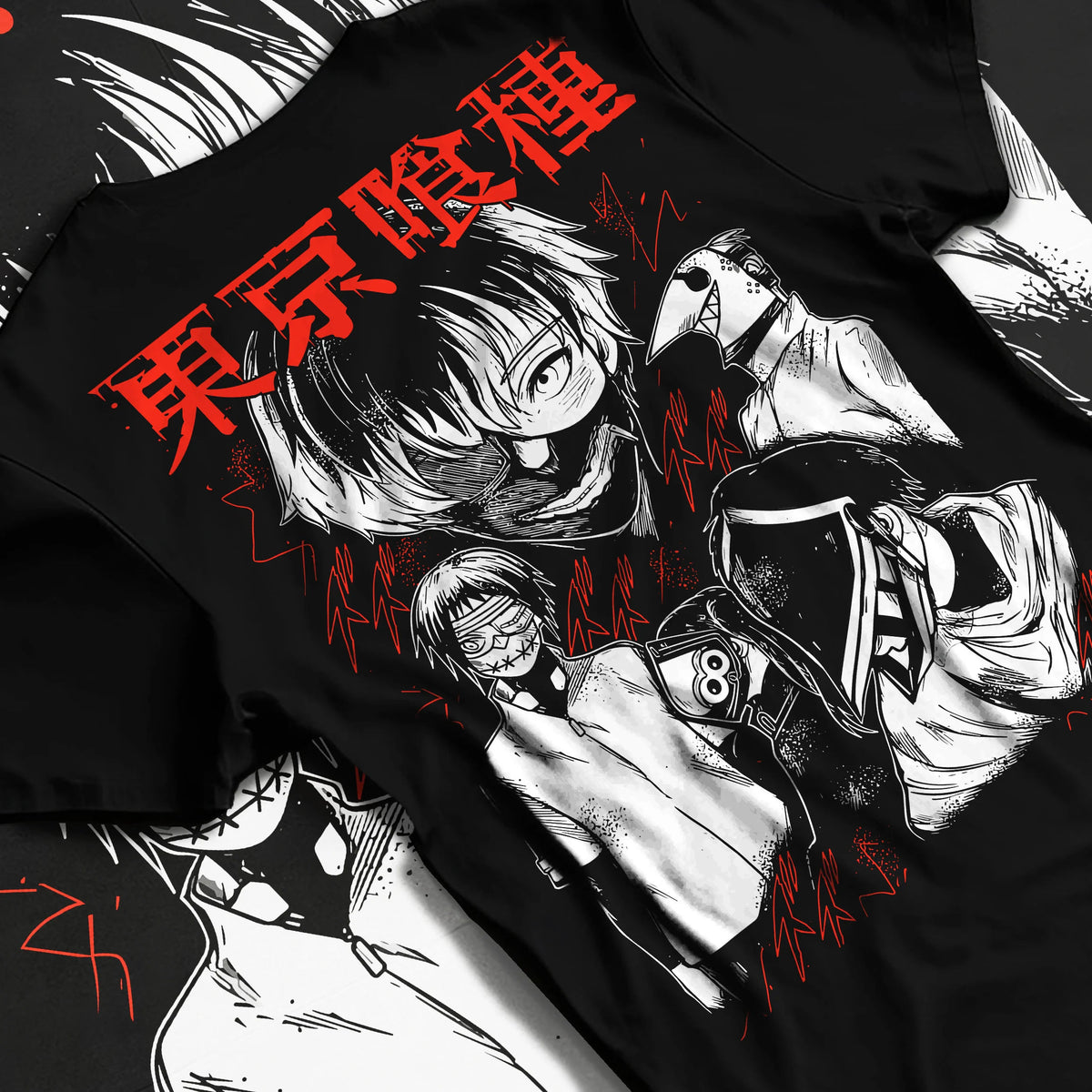 Black T-shirt flat back view showing Ken Kaneki from Tokyo Ghoul: ghoul fight dual-character poster