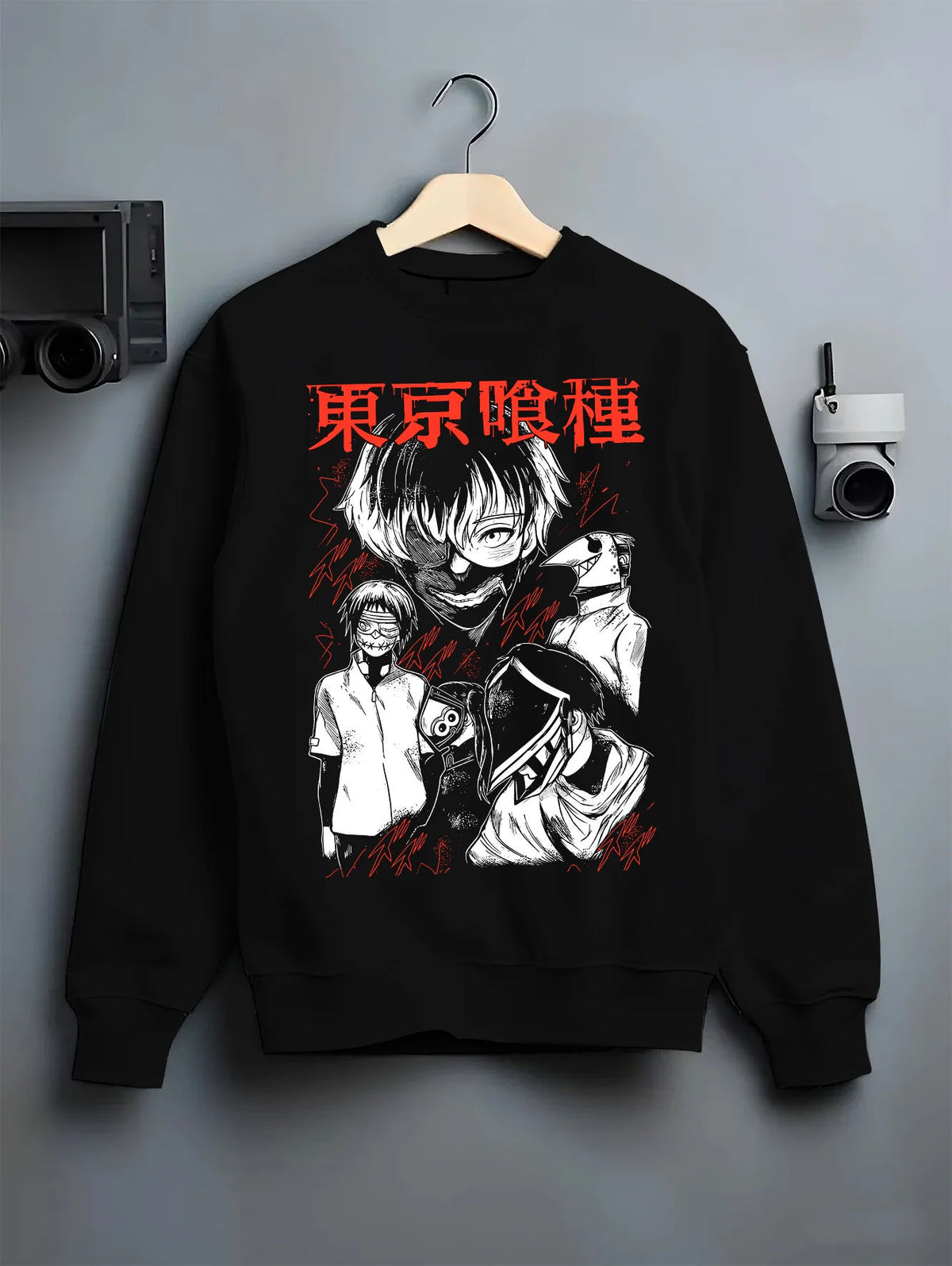 Black crewneck sweatshirt on hanger showing Ken Kaneki from Tokyo Ghoul: ghoul fight dual-character poster