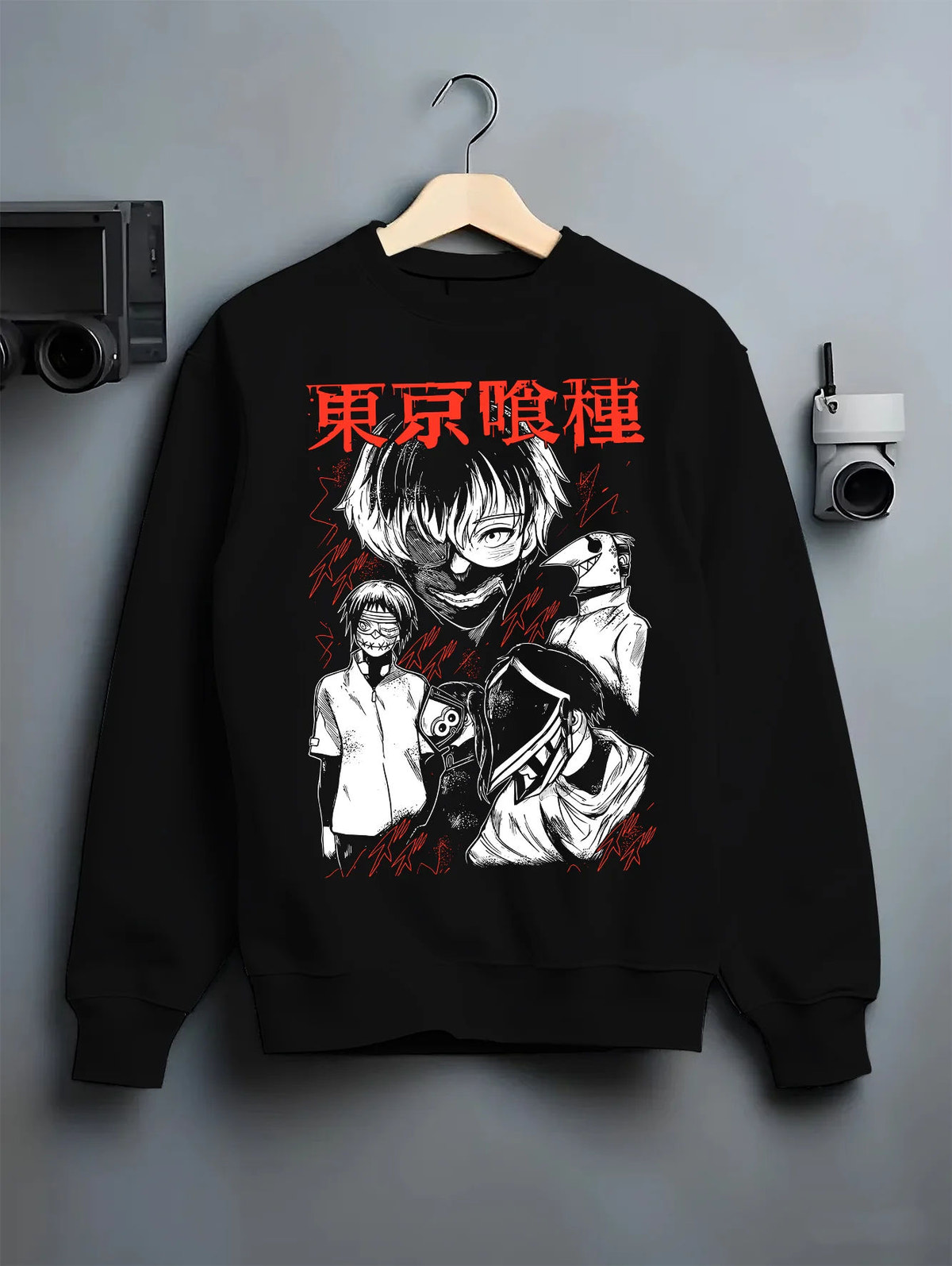 Black crewneck sweatshirt on hanger showing Ken Kaneki from Tokyo Ghoul: ghoul fight dual-character poster