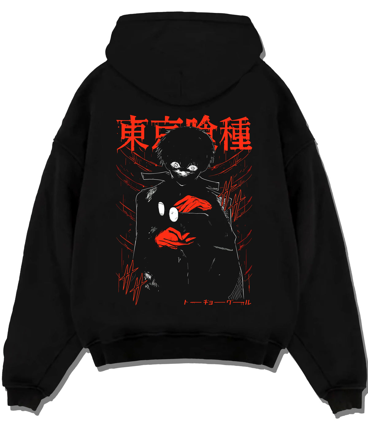 Black hoodie flat back view showing Ken Kaneki from Tokyo Ghoul: black hood and red Tokyo Ghoul poster