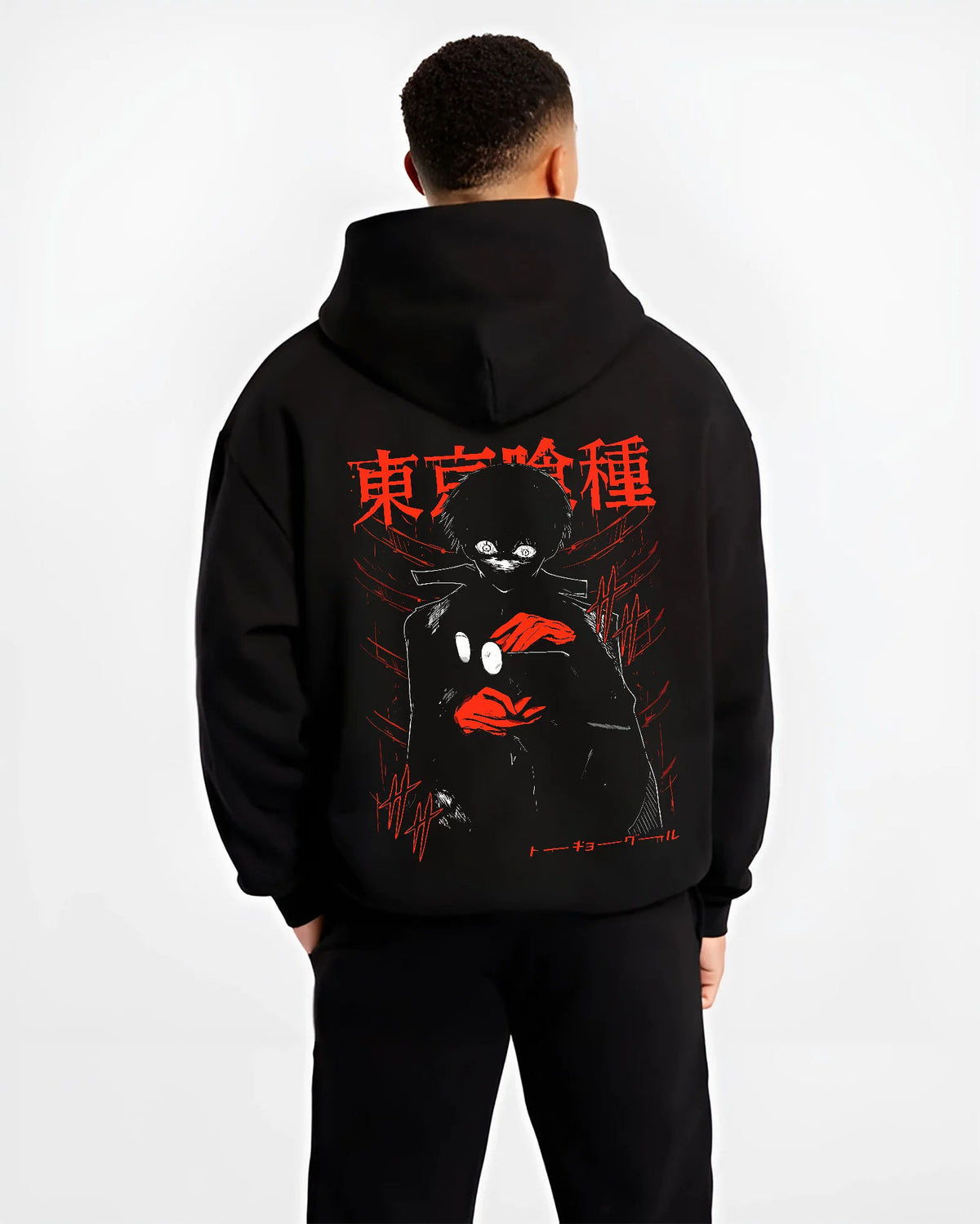 Black hoodie model back view showing Ken Kaneki from Tokyo Ghoul: black hood and red Tokyo Ghoul poster