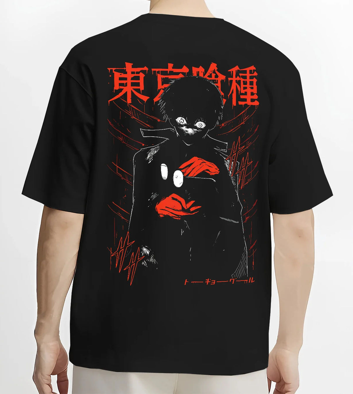 Black T-shirt model back view showing Ken Kaneki from Tokyo Ghoul: black hood and red Tokyo Ghoul poster