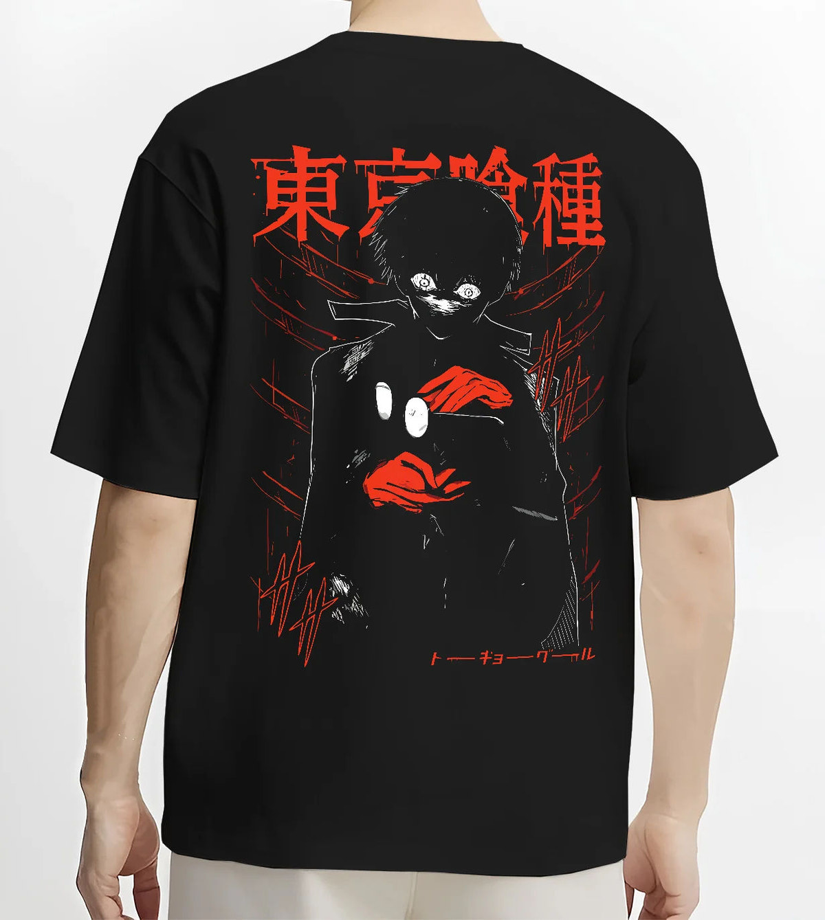 Black T-shirt model back view showing Ken Kaneki from Tokyo Ghoul: black hood and red Tokyo Ghoul poster