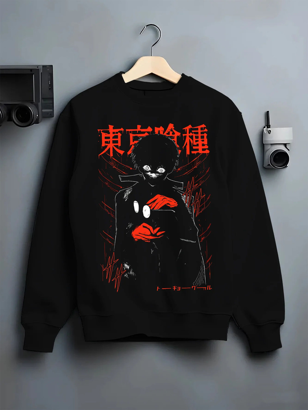 Black crewneck sweatshirt on hanger showing Ken Kaneki from Tokyo Ghoul: black hood and red Tokyo Ghoul poster