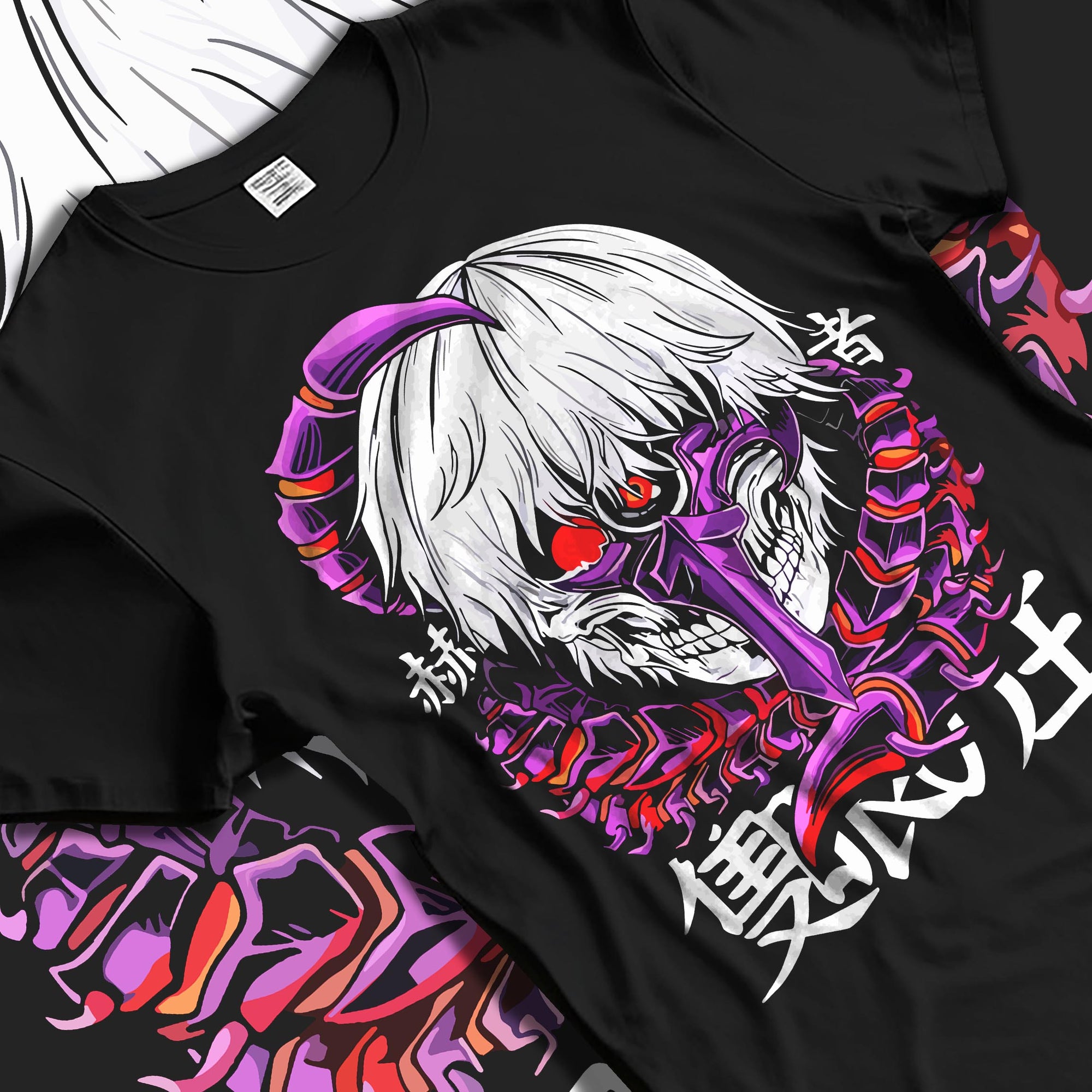 Black T-shirt laid flat with natural fabric folds, featuring Kaneki Ken anime poster inspired design with skeletal mask, red eyes, and twisted centipede artwork.